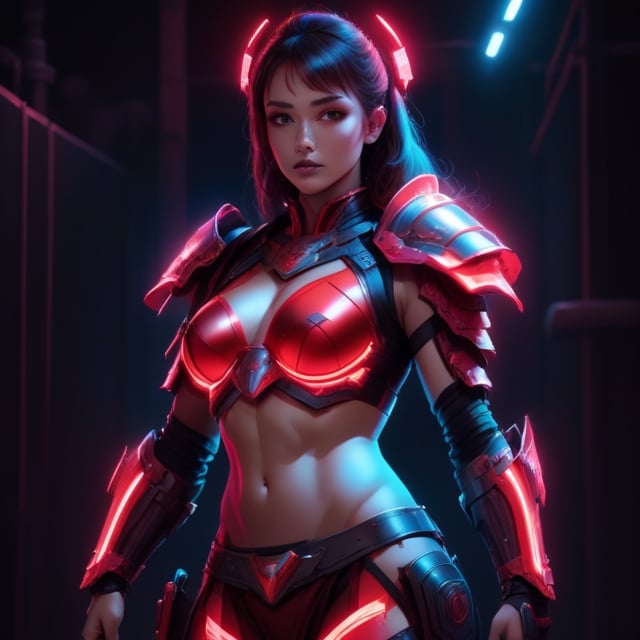 A girl in red neon light battle armor with abs