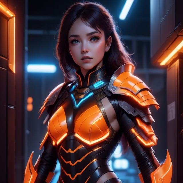 A girl in orange neon light battle armor with abs