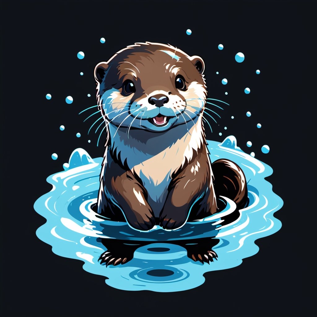 water, otter ,happy, black background, pro vector, full design, solid colors, no shadows, full design, isometric, sticker, pastel colors, tshirt design,more detail, Leonardo Style,tshirt design,vector art illustration,Leonardo Style,Flat vector art,T-shirt design illustration