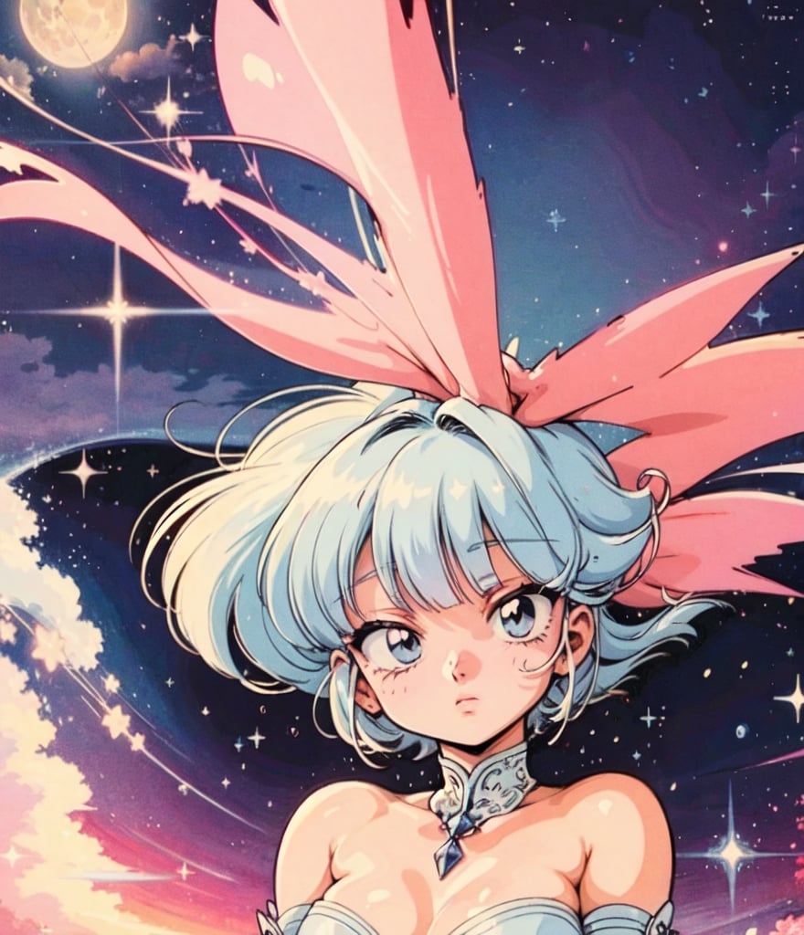 1girl, sparkly eyes, light_blue_eyes, beautiful, looking at viewer, closed mouth, pink lips, white hair, pastel colors, clouds, stars, sparkle, moon, retro aesthetic, retro anime, 1990s (style),FFIXBG,lofi artstyle, detailed, perfect, lofi,perfect,ASU1