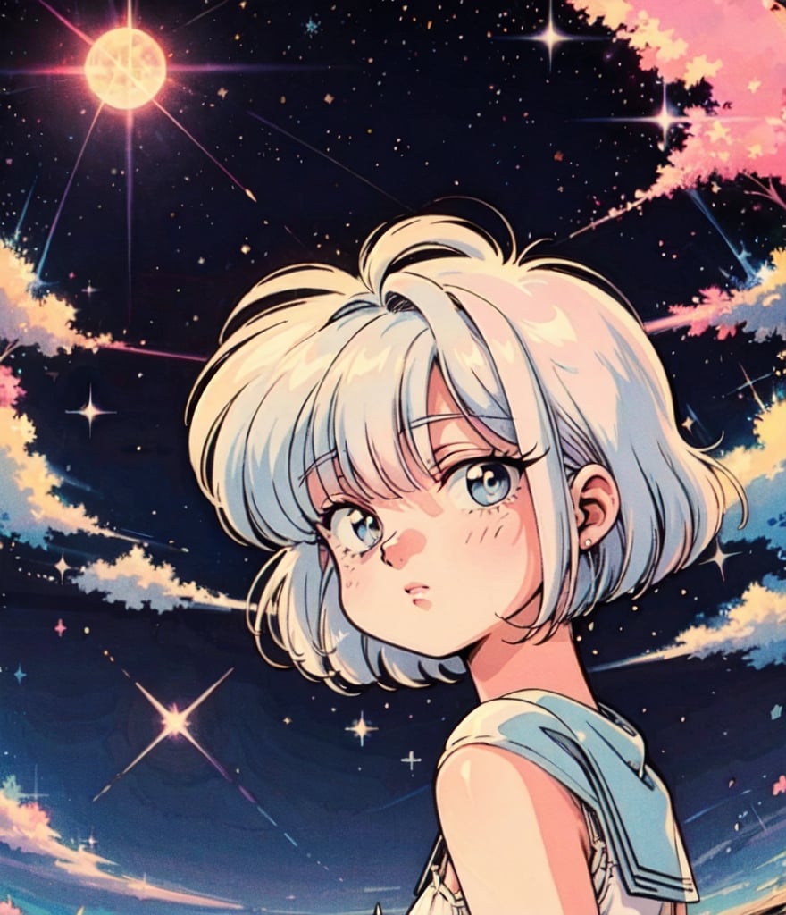 1girl, sparkly eyes, light_blue_eyes, beautiful, looking at viewer, closed mouth, pink lips, white hair, pastel colors, clouds, stars, sparkle, moon, retro aesthetic, retro anime, 1990s (style),FFIXBG,lofi artstyle, detailed, perfect, lofi,perfect,ASU1