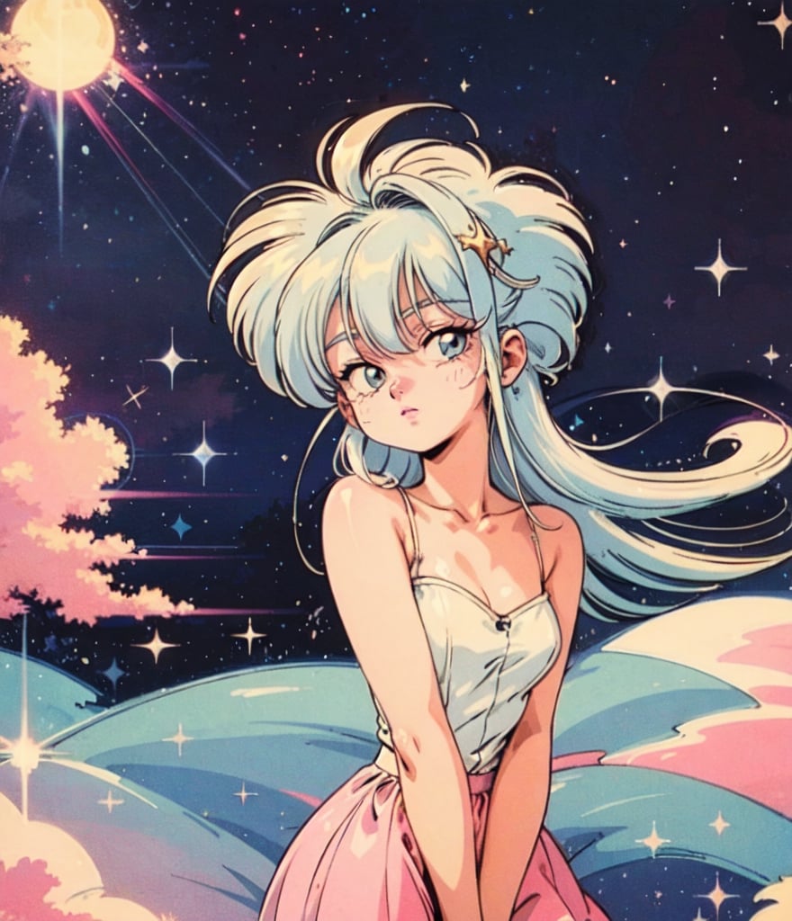 1girl, sparkly eyes, light_blue_eyes, beautiful, looking at viewer, closed mouth, pink lips, white hair, long hair, pastel colors, clouds, stars, sparkle, moon, retro aesthetic, retro anime, 1990s (style),FFIXBG,lofi artstyle, detailed, perfect, lofi,perfect,ASU1