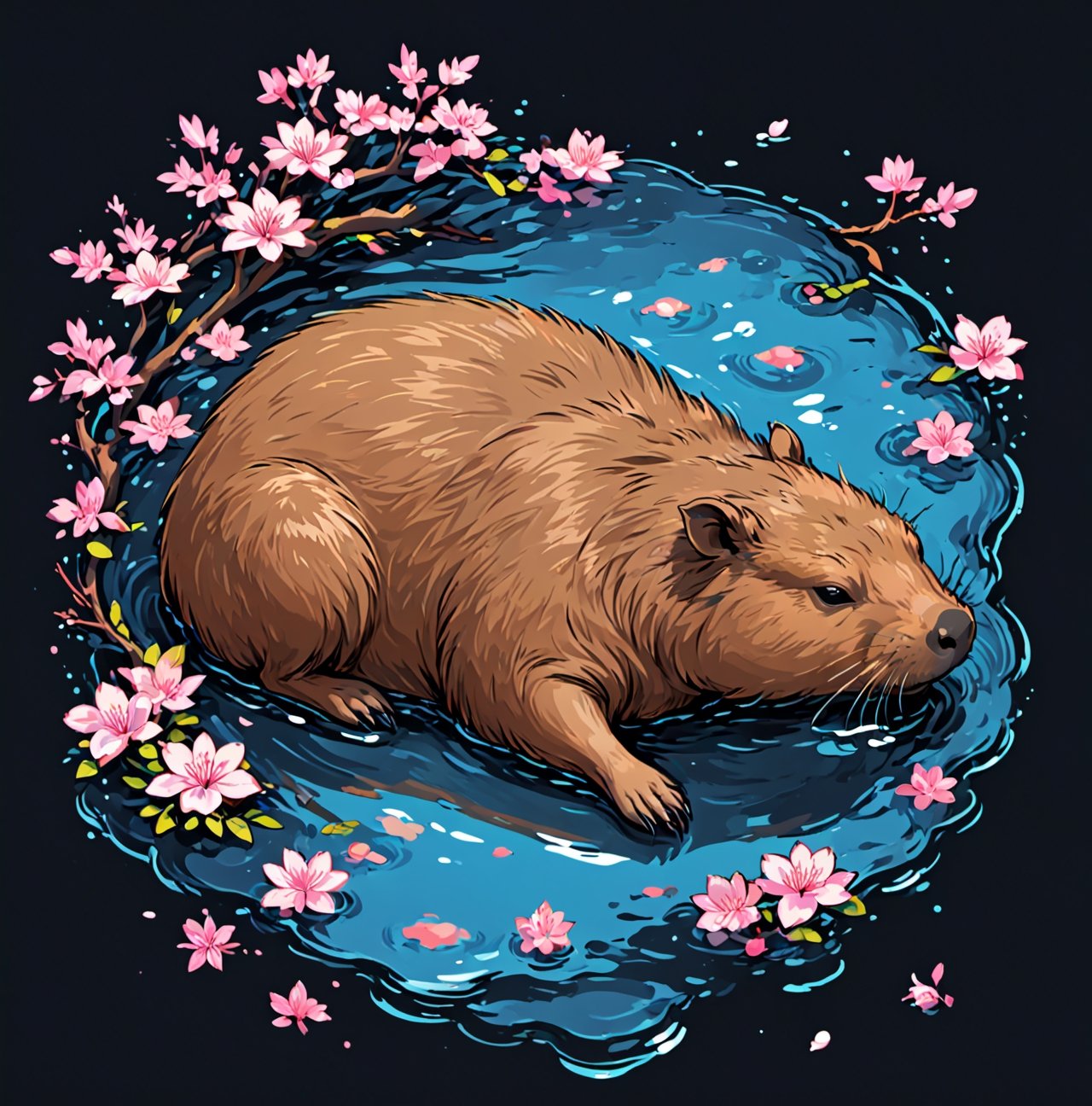 capybara sleeping, hot springs, cherry blossoms floating in water, bright blue water, reflective water ripples, black background, pro vector, full design, solid colors, no shadows, full design, isometric, sticker,tshirt design,vector art illustration,T-shirt design illustration,more detail XL