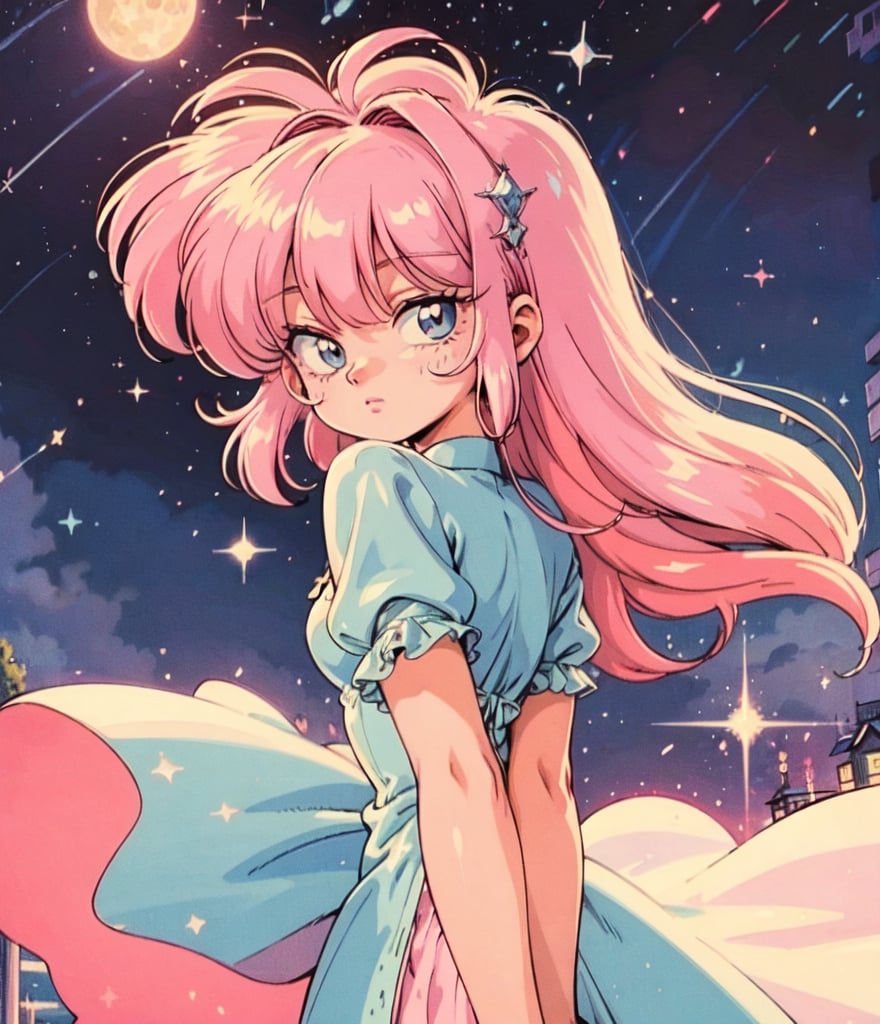 1girl, sparkly eyes, light_blue_eyes, beautiful, looking at viewer, closed mouth, pink lips, pink hair, long hair, pastel colors, clouds, stars, sparkle, moon, retro aesthetic, retro anime, pastel purple dress, flowy dress, ruffles, 1990s (style),FFIXBG,lofi artstyle, detailed, perfect, lofi,perfect,ASU1