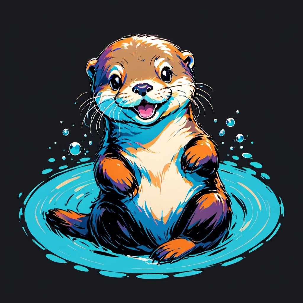 water, otter ,happy, black background, pro vector, full design, solid colors, no shadows, full design, isometric, sticker, pastel colors, tshirt design,more detail, Leonardo Style,tshirt design,vector art illustration,Leonardo Style,Flat vector art