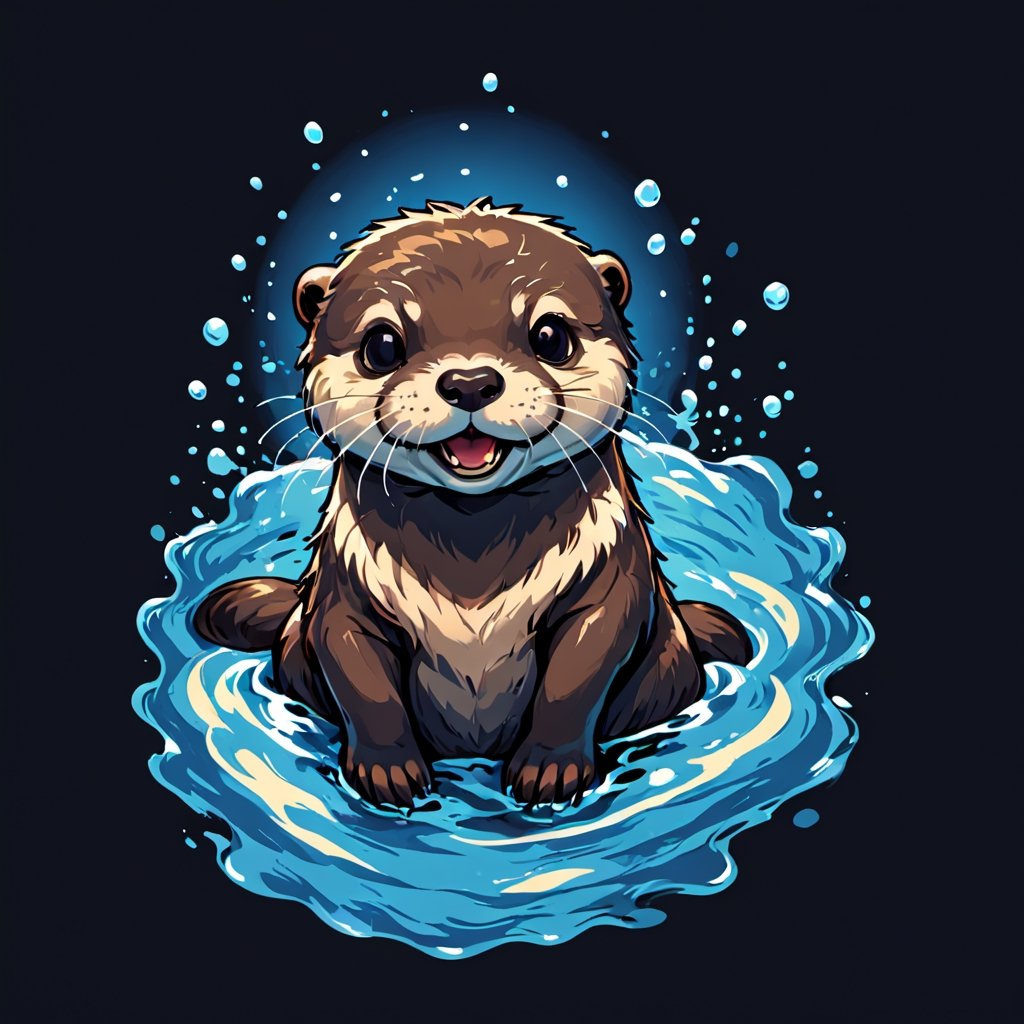 water, water ripples, otter ,happy, black background, pro vector, full design, solid colors, no shadows, full design, isometric, sticker, pastel colors, tshirt design,more detail, Leonardo Style,tshirt design,vector art illustration,Leonardo Style,Flat vector art,T-shirt design illustration