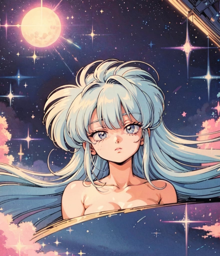 1girl, sparkly eyes, light_blue_eyes, beautiful, looking at viewer, closed mouth, pink lips, white hair, long hair, pastel colors, clouds, stars, sparkle, moon, retro aesthetic, retro anime, 1990s (style),FFIXBG,lofi artstyle, detailed, perfect, lofi,perfect,ASU1, portrait, above waist