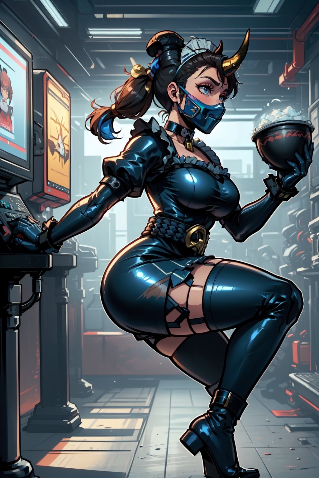 (18 year old girl:1.1),  (Extra thicc body:1.1),  (Dark skin:1.1),  medium breasts,  thick thighs,  (medium muscles:1.1),  (thick outlines:1.1),  walk pose,  (black maid outfit fused with a Mexican wrestler:1.1),  medium skirt,  showing a little black panties , ( long blue latex stockings:1.1),  (((blue latex sleeves))),  (((white knee and elbow pads:1.1))),  (((wearing a hero eyemask:1.1))),  (((with two big bull horns on the sides of her head:1.7))), (Cow belt choker:1.5), (Long hair:1), (two ponytails:2),  (((brown hair with blue highlights:1))),  (long blue fighting boots:1.1),  ((( blue kick boxing fingerless gloves:1.1))),  full body figure,  3 perspective,  purple eyes,  (((dark blue dress))),  black,  white and gold,  photorealistic, ( perfect hands:1.1),  masterpiece:1.2, ( detailed face:1.1), (Background Tijuana Gym arcade neon:1), (background arcade and Gym) Sandbags are  x men centinels robots, Add more detail,