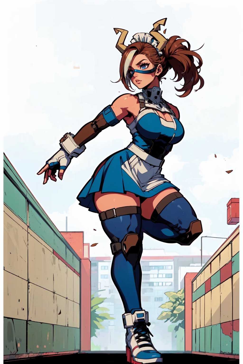(18 year old girl:1.1),  (Extra thicc body:1.1),  (Brown skin with vitiligo:1.1),  medium breasts,  thick thighs,  (medium muscles:1.1),  (thick outlines:1.1),  walk pose,  (black maid outfit fused with a Mexican wrestler:1.1),  medium skirt,  showing a little black panties , ( long blue latex stockings:1.1),  (((blue latex sleeves))),  (((white knee and elbow pads:1.1))),  (((wearing a hero eyemask:1.1))),  (((with two big bull horns on the sides of her head:1.1))),  two ponytails,  (((brown hair with blue highlights:1))),  (long blue fighting boots:1.1),  ((( blue kick boxing fingerless gloves:1.1))),  full body figure,  3 perspective,  purple eyes,  (((dark blue dress))),  black,  white and gold,  photorealistic, ( perfect hands:1.1),  masterpiece:1.2, ( detailed face:1.1), (Background Tijuana Gym arcade neon:1), Sandbags are  x men centinels robots, Add more detail,Nobara,lilyms,igawasakura,eft_jjk_nobara,hanging sandbag,ShinobuKochou_NDV,1girl,miami_vice_arcade_retreat,KOFAngel,bodysuit