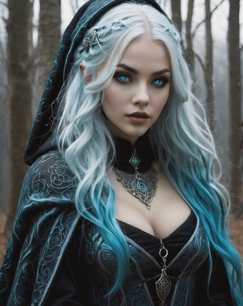 ultra detailed photo, masterpiece, best quality, photorealistic elegant, highly detailed ultra realistic, An enigmatic figure of a young girl (witch) who wields ice and frost with precision, freezing opponents in their races, creating obstacles and conjuring blizzards to obscure the view. She has long, icy blue hair that flows down her back like a river of dark shadows. Her eyes are piercing and bright blue, almost glowing in the dark. Her skin is pale, almost transparent, and her lips are dark red, creating a sharp contrast with her bright eyes. Her features are sharp and expressive, giving her a mystical look. He wears a long, dark cloak decorated with silver runes and symbols of power. Beneath the cloak, she is dressed in an elegant but simple silver dress that allows her freedom of movement. She wears a crescent moon amulet around her neck, a symbol of her connection to the darker aspects of magic. She is always armed with a staff made of black ash, decorated with dark crystals that enhance her magic. She is a master of black magic, capable of powerful spells, spells and divination. She has control over the elements of darkness and shadow, can manipulate the energy around her, and communicate with demons and other dark entities. The atmosphere in the tower is mysterious and full of untold secrets, reflecting the nature of the witch and her place in the world of magic.