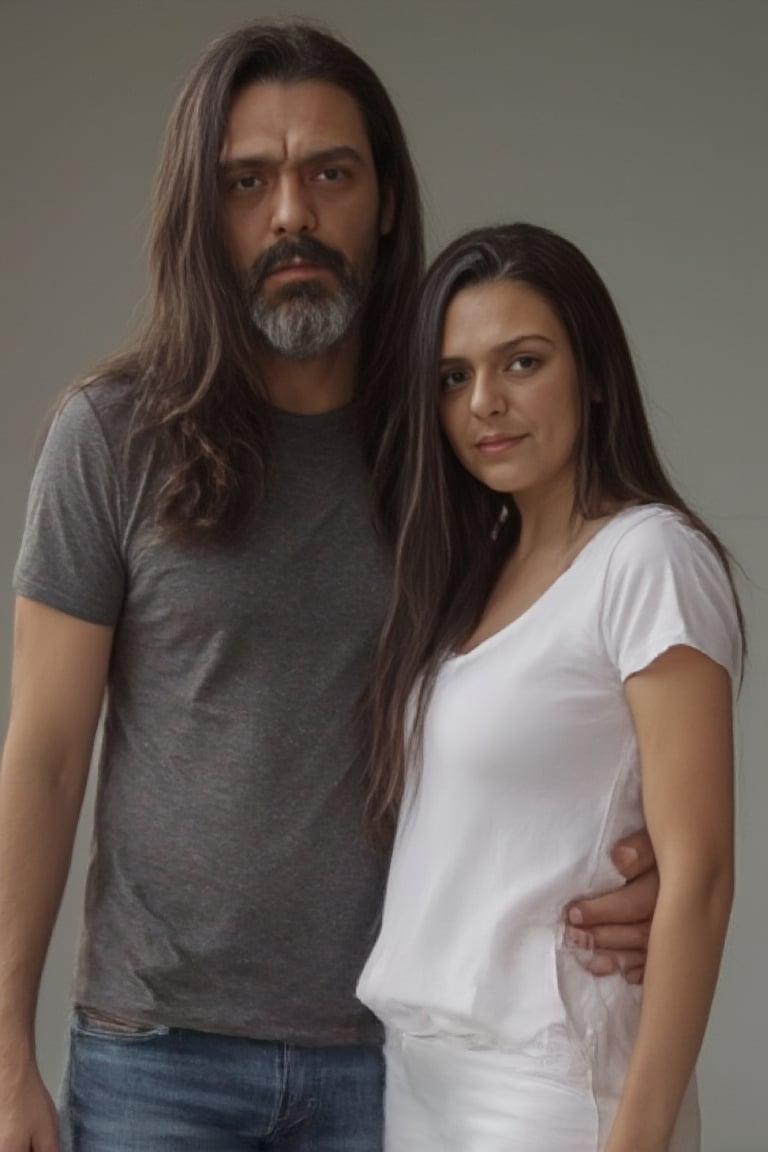 Gasty stands tall on the left, his grey t-shirt and jeans a casual contrast to Paola's crisp white top and brown boots on the right. Both gaze directly at the viewer, their features illuminated by soft, natural light. Gasty's long, brown locks cascade down his back, while Paola's straight black hair falls like a curtain along her shoulders, framing their profiles against a subtle background.