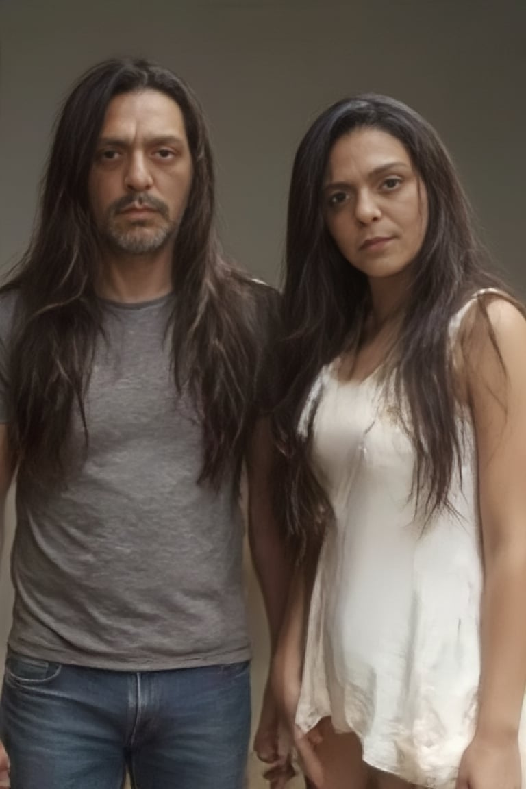 Gasty stands tall on the left, his grey t-shirt and jeans a casual contrast to Paola's crisp white top and brown boots on the right. Both gaze directly at the viewer, their features illuminated by soft, natural light. Gasty's long, brown locks cascade down his back, while Paola's straight black hair falls like a curtain along her shoulders, framing their profiles against a subtle background.