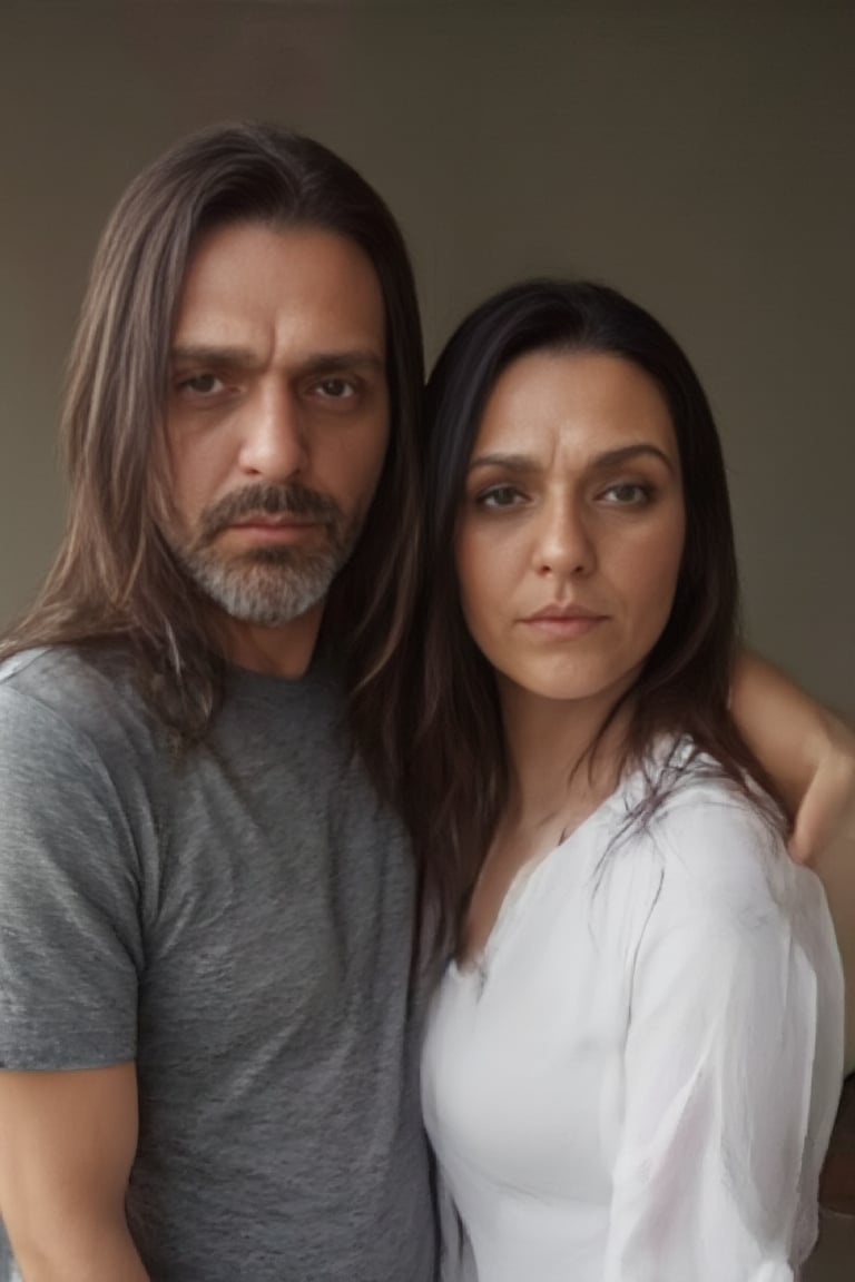 Gasty stands tall on the left, his grey t-shirt and jeans a casual contrast to Paola's crisp white top and brown boots on the right. Both gaze directly at the viewer, their features illuminated by soft, natural light. Gasty's long, brown locks cascade down his back, while Paola's straight black hair falls like a curtain along her shoulders, framing their profiles against a subtle background.