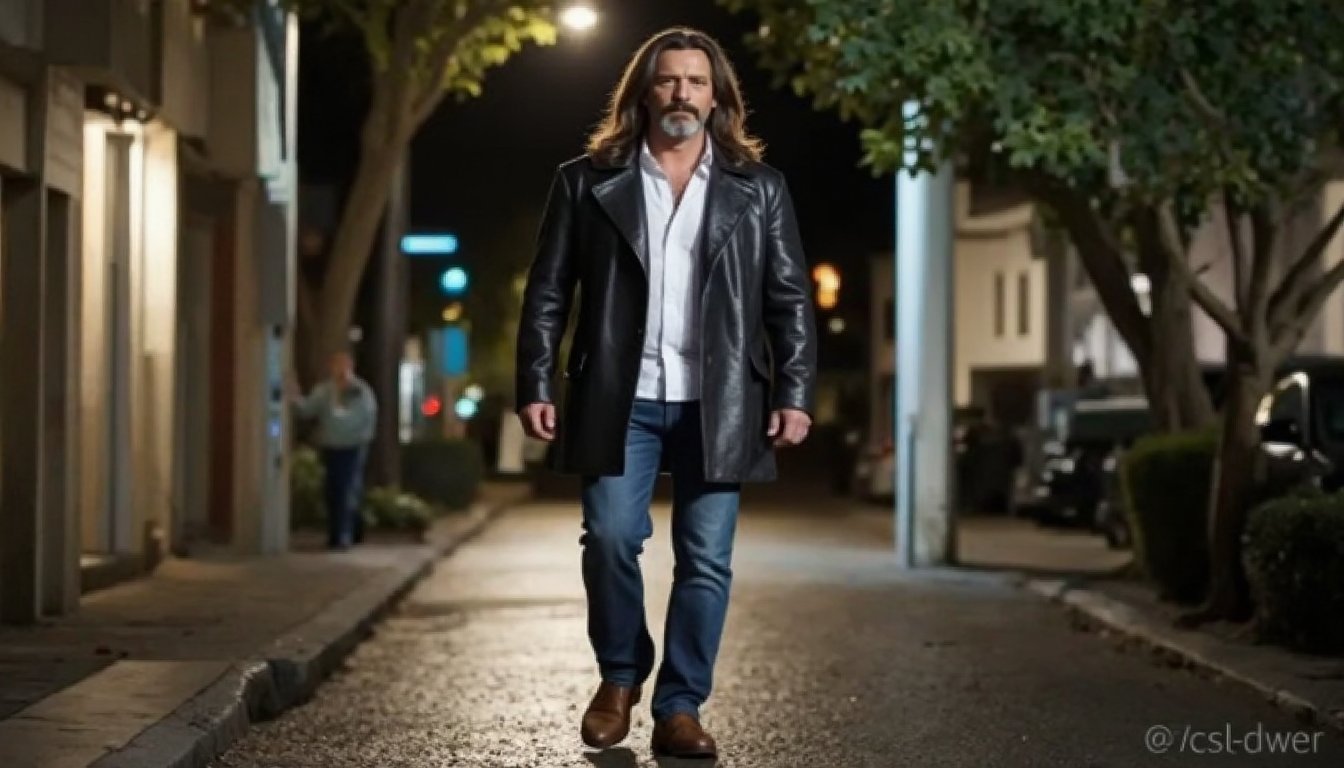 Full shot. Full body shot. Gasty is an extremely handsome man, 50 years old, with very long brown hair, reaching to his shoulder blades, perfect body, wearing a knee-length black leather coat, white shirt, blue jeans and boat shoes. He is walking back to his house in a beautiful neighborhood on the outskirts of the big city. It is night and the street lighting denotes the tranquility and warmth of the neighborhood.