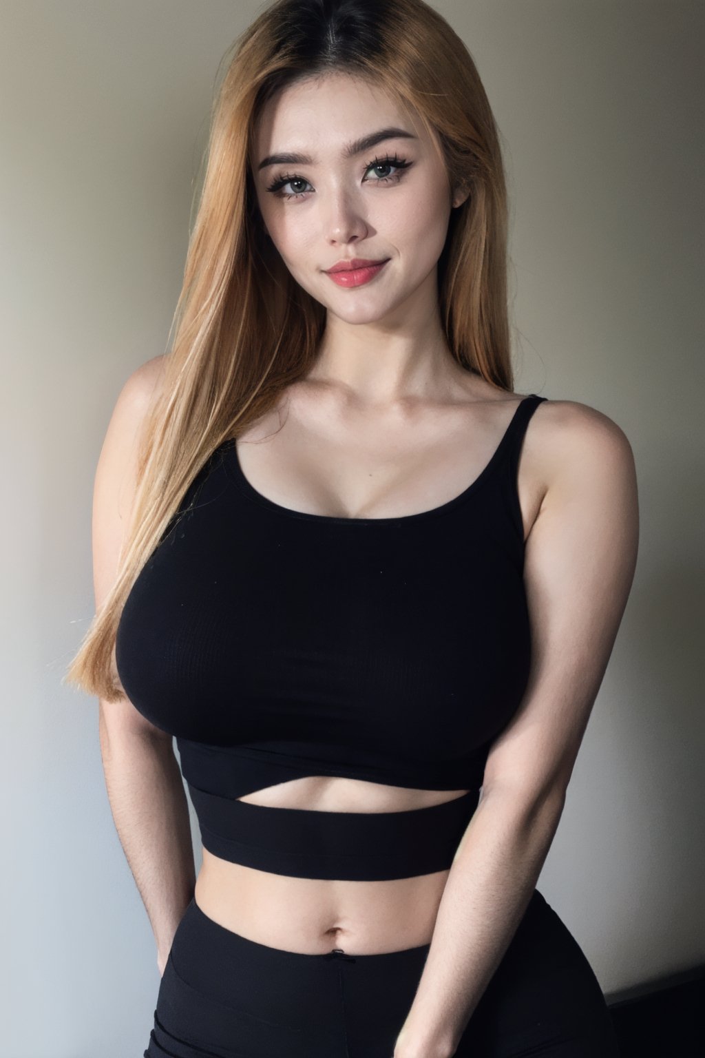 photo of woman, long blonde hair, whiteskin skin, looking at camera, big breast, perfection breast, breastpit, (big breasts:1.1), sagging breast, blurry_light_background, simple background, insane details, front facing, realism, hyperdetailed, closeup, hyperrealistic, photorealistic, ultra high res, shallow depth of field, vignette, highly detailed, cinemascope, epic, gorgeous, film grain, grainy, more detail, light smile, realism, raw photo, natural colors, female, photorealism, portrait, photography, photoshoot, (waist to upper body), black pantyhose, anastasyakosasih