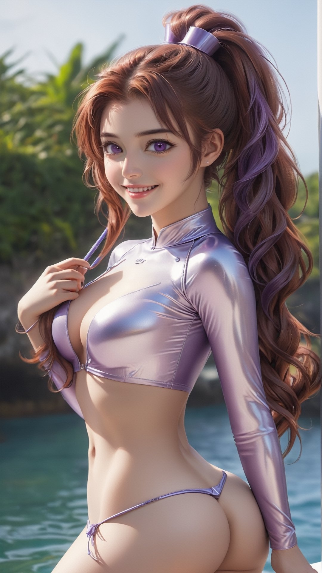 ((masterpiece)),  Best Quality,  absurderes,  ultra-detailliert, Golden ratio,  Super cute girl , 1girl,  Mature girl,  Idol girl,  Super beautiful girl with very beautiful purple eyes,  Beautiful shiny brown multicolored hair,  High Ponytail,  Nice and sexy body,  Slim body,  Perfect body
, smile, (nsfw, nude, thigh, slim body:1.3), sea, outdoor, (photorealistic, realistic:1.5), 