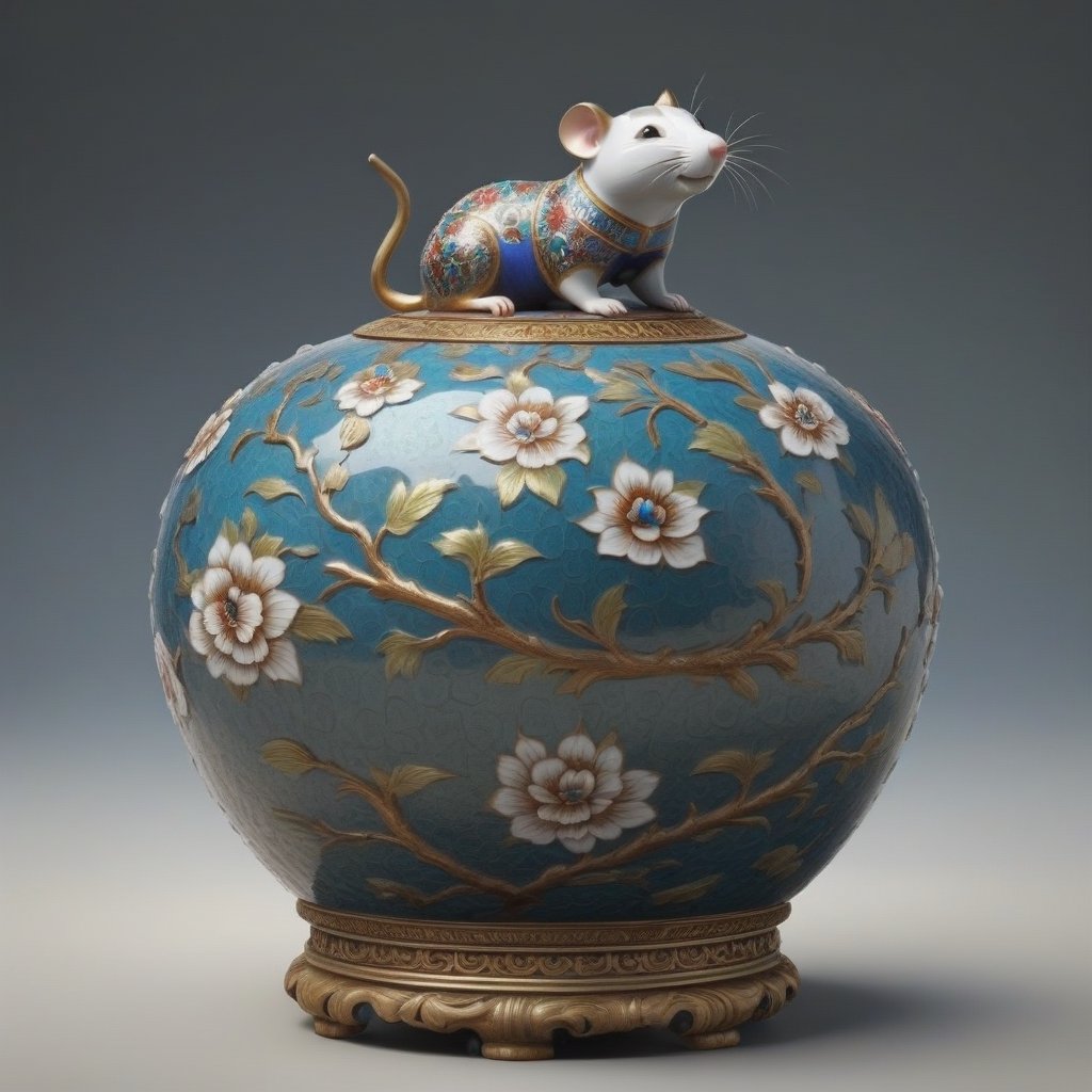 isolated antique artifacts 
Cloisonné rat round shaped porcelain in the Palace Museum
,3D Render Style,3DRenderAF,3d style,dripping paint, toy texture