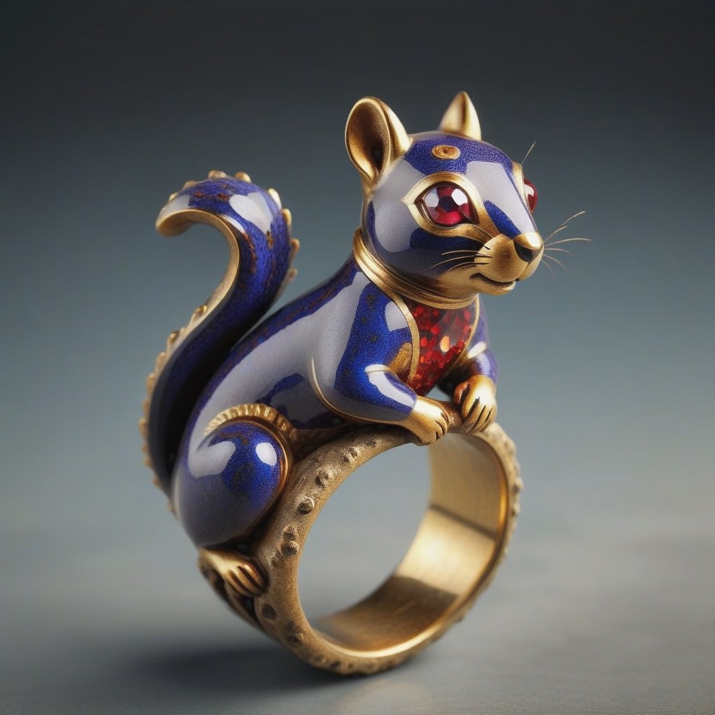 isolated antique artifacts 
simple style Cloisonné ring in the shape of a squirrel, ruby eyes, displayed in the National Museum 
,3D Render Style,3DRenderAF,3d style,dripping paint, toy texture