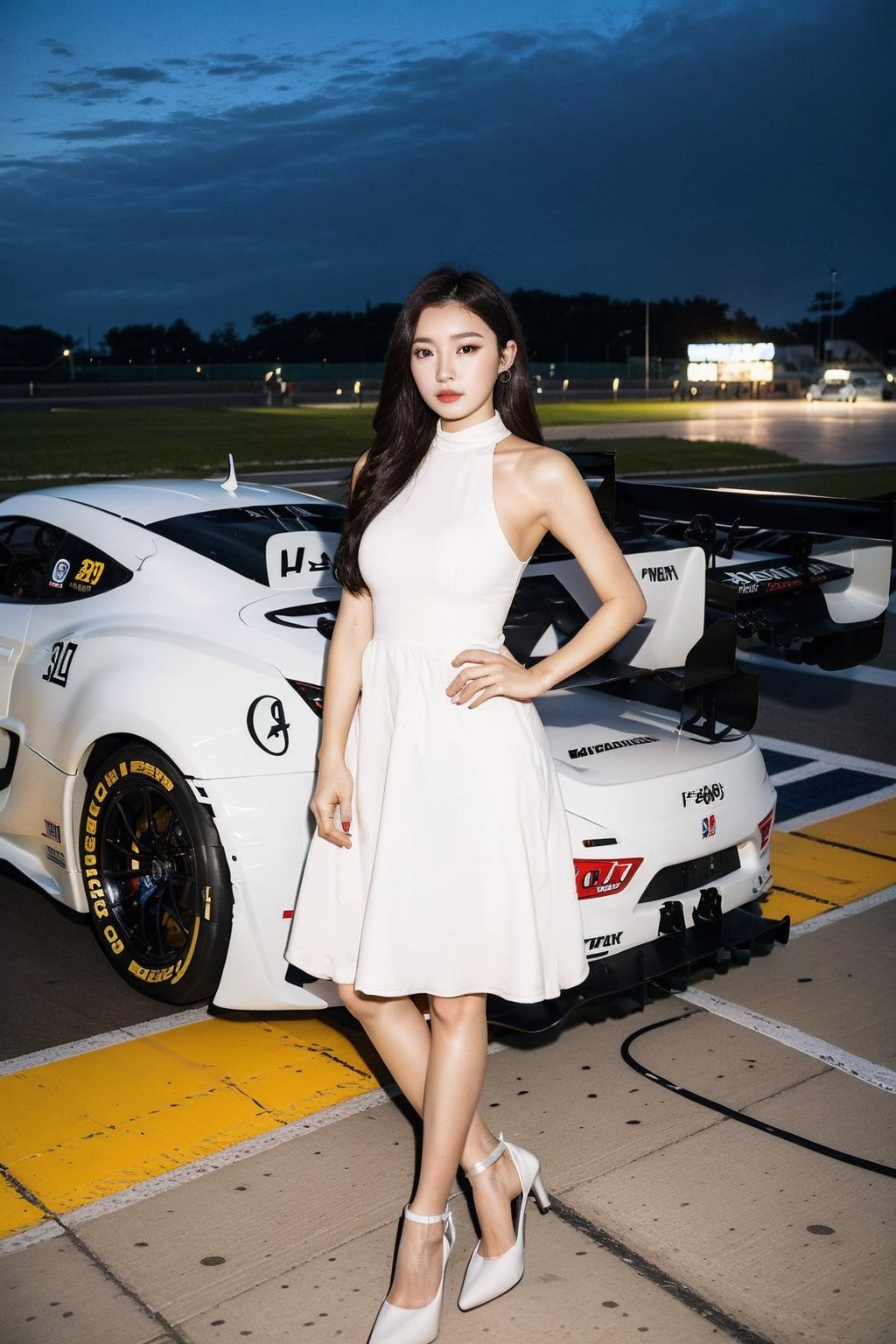 A beautiful Korean race queen in the pit area of a race track, next to her is a F1 race car. The girl wearing race queen dress with white high heels, (midnight)
