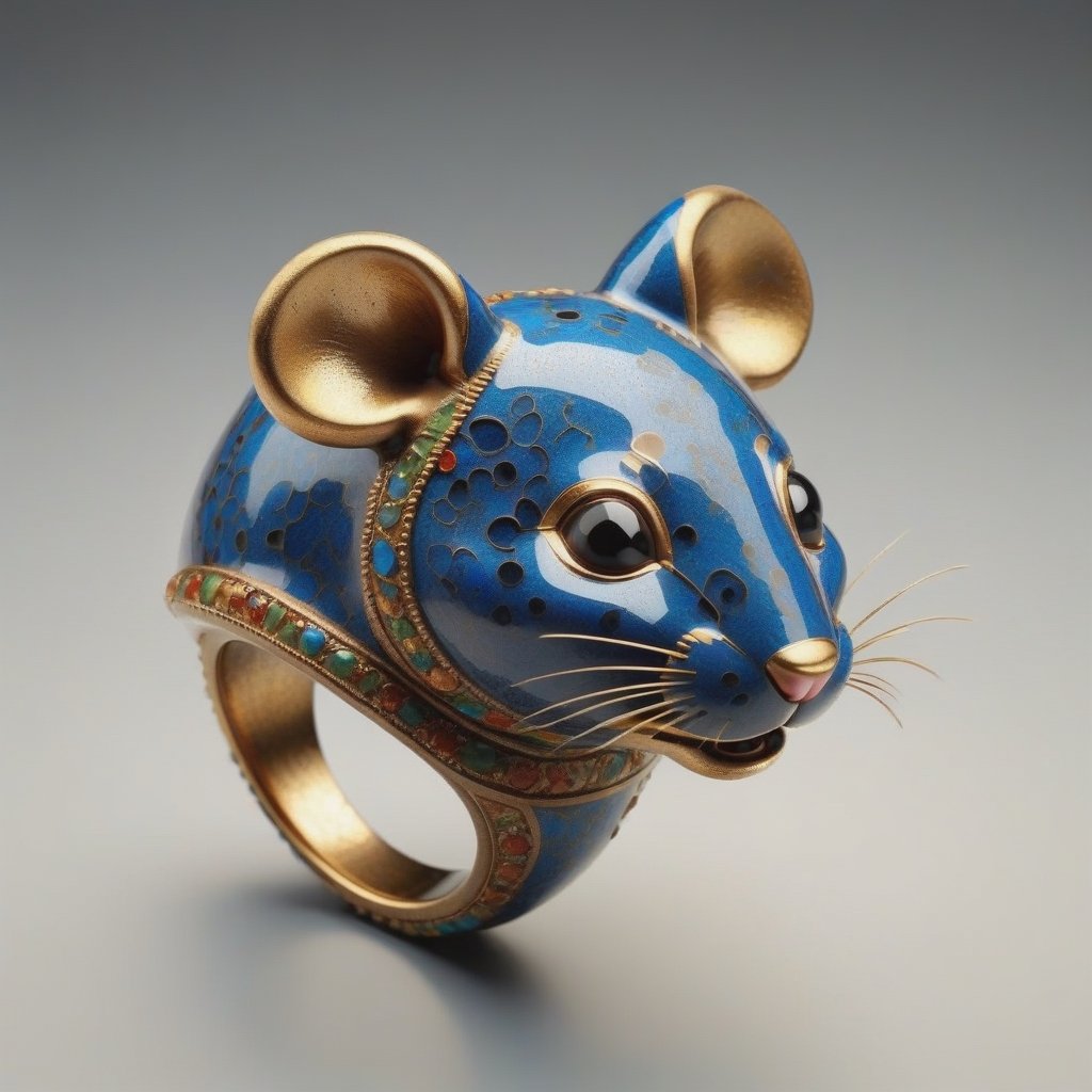 isolated antique artifacts 
simple style Cloisonné ring in the shape of a mouse, displayed in the National Museum 
,3D Render Style,3DRenderAF,3d style,dripping paint, toy texture