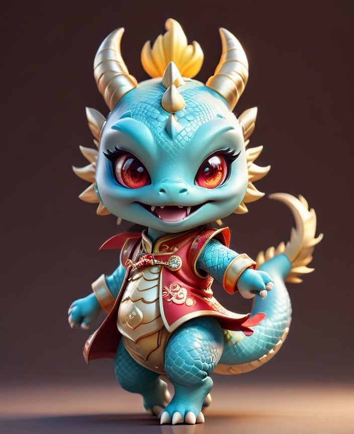  (((dancing)))
Laugh, be happy, smile showing teeth
((cute eyes)) ((round eyes)) (((chubby dragon)))
Chibi light blue and light gold Chinese dragon with golden horns, Chinese dragon head, 
Red and gold cheongsam vest, yellow eyes  
minimalist design, BIG EYES,BIG Anime EYES,CHIBI, Q version