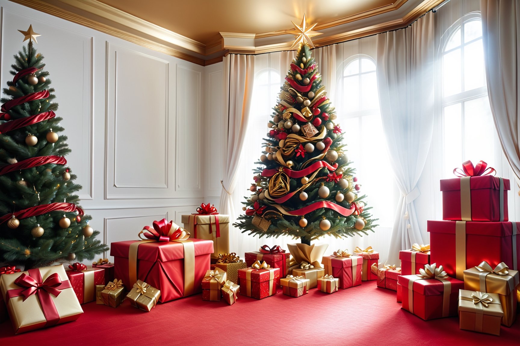 christmas background, red and gold gifts, tree, christmas tree and presents, in the style of realistic anamorphic art, #screenshotsaturday, ad posters, sculpted, rtx on, commission for, letras y figuras