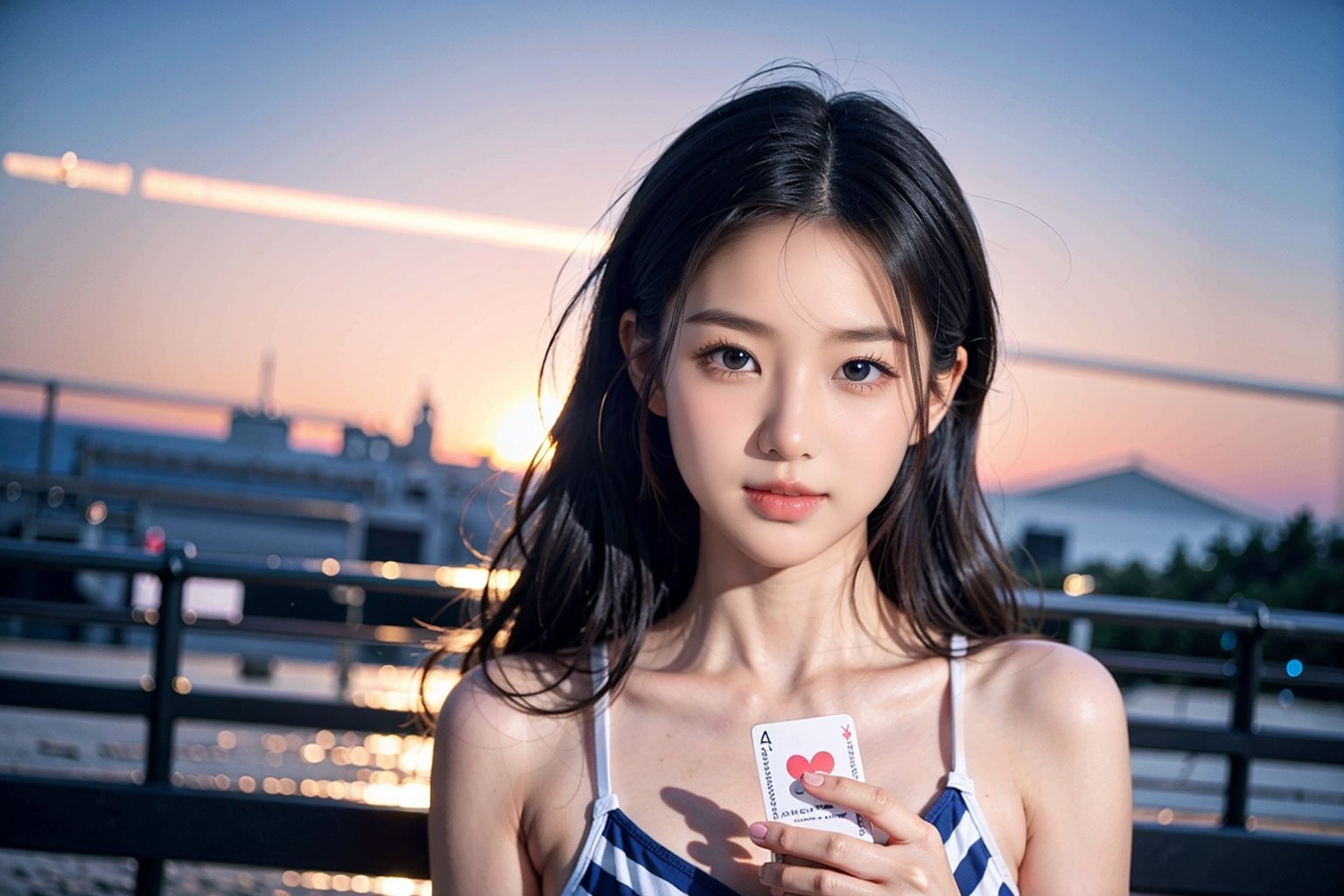 photo of an 30 ages Asian mixed women holding card in hand, wearing a blue white stripes sport swimsuit , posing in front of an pink background, smiling at the camera. sun lighting 

(RAW Photo, Best Quality), (HDR: 1.4), 16K, Best Quality, Masterpiece, (Vivid Color: 1.4), High Contrast, (Vivid Color: 1.3), (Soft Color, Dull Color, Soothing Color tone: 0), theater lighting, ambient light, fine details and textures, theater lens, wide-angle lens, warm color tone, (bright and intense: 1.2), natural field of view ratio, (gorgeous battlefield theme: 1.6), Korean beauty, (chic appearance: 1.2),Extremely Realistic