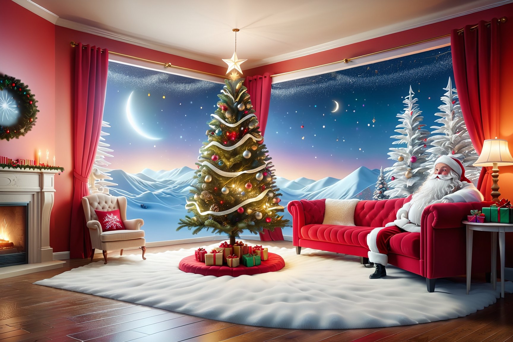 Best quality,masterpiece,ultra high res,(christmasscene),(infrontofaredcoloredbackground),(renderedincinema4dstyle),(playfulstreamlinedforms),(ue5),(vray),(vibrantairyscenes),(lightbox)