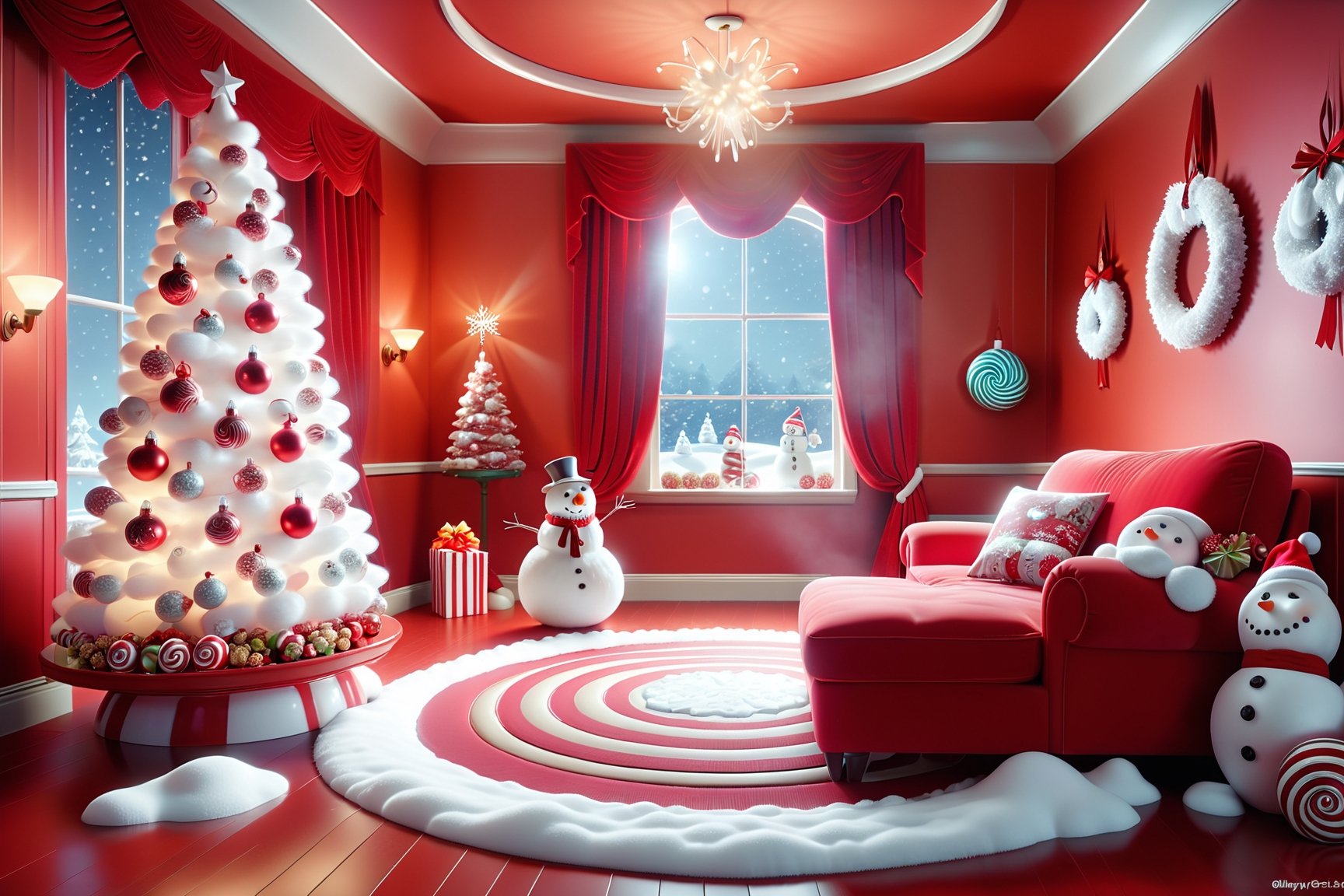 Best quality,masterpiece,ultra high res,christmas decorations in a red room with christmas candy and snowmen, in the style of rendered in cinema4d, glowwave, sketchfab, realistic scenes, hyper-realistic, storybook-like