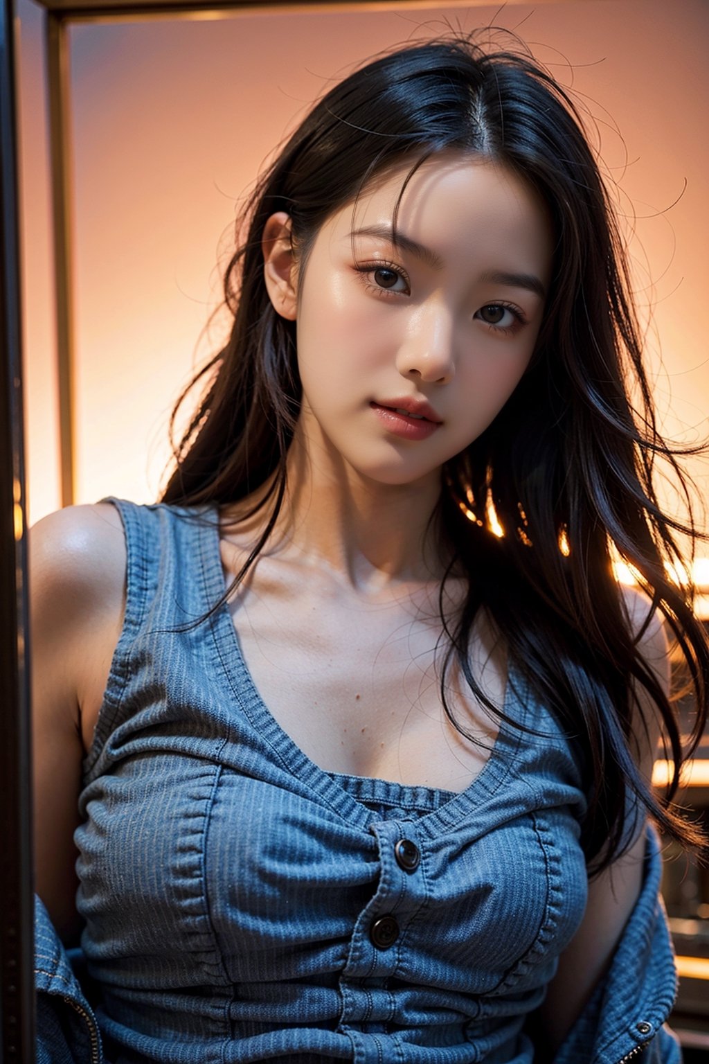 1girl, solo, long hair, looking at viewer, black hair, jacket, upper body, parted lips, lips, tank top, denim, reflection, realistic, denim jacket

(RAW Photo, Best Quality), (HDR: 1.4), 16K, Best Quality, Masterpiece, (Vivid Color: 1.4), High Contrast, (Vivid Color: 1.3), (Soft Color, Dull Color, Soothing Color tone: 0), theater lighting, ambient light, fine details and textures, theater lens, wide-angle lens, warm color tone, (bright and intense: 1.2), natural field of view ratio, (gorgeous battlefield theme: 1.6), Korean beauty, (chic appearance: 1.2),Extremely Realistic