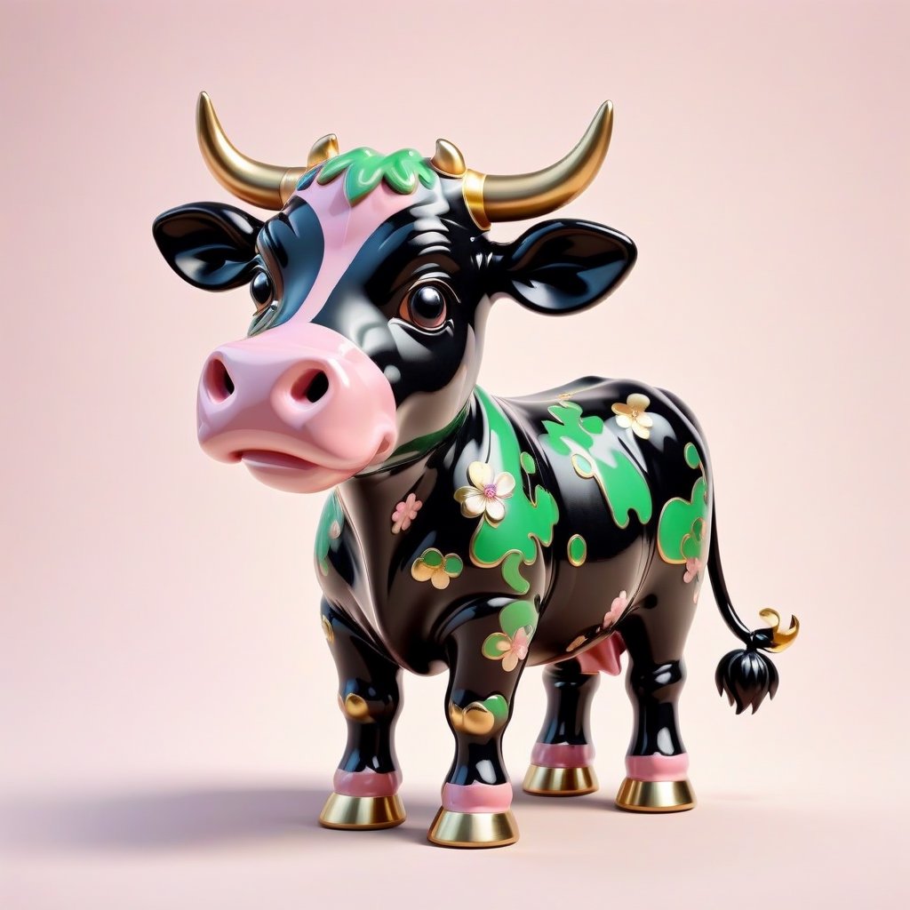 isolated 
light pink and green Cloisonné style cow toy,3D Render Style,3DRenderAF,3d style,Obsidian_Gold,dripping paint