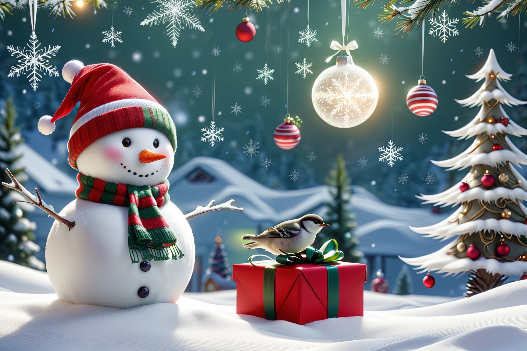 Best quality,masterpiece,ultra high res,, snowman,no humans,scarf,gift,christmas tree,bird,hat,christmas,box,striped,christmas ornaments,snow,striped scarf,gift box,ribbon,star (symbol),santa hat,artist name,green scarf,snowing,
