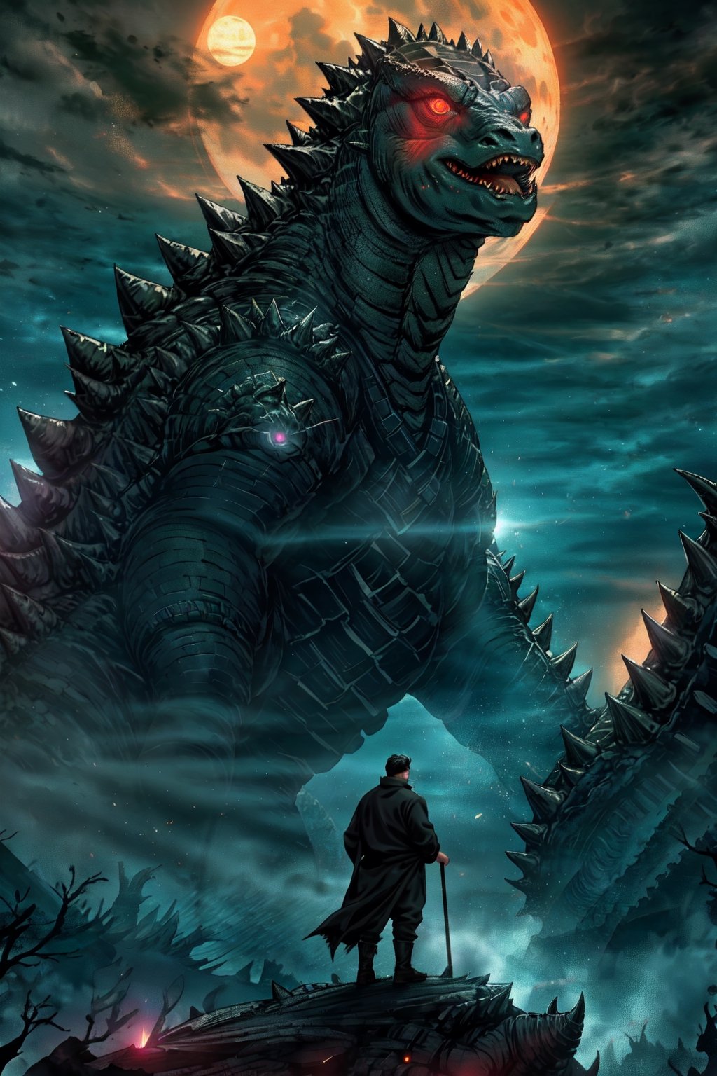 imagenstyle_darkfantasy, solo_focus, .1man, royal_guardian, in forest, night, moon top in sky, rude face, wild looking, man factions, detailed_face, detailed hair, looking_at_camera, (((godzilla behind,))upper head, focus on face, glowing eyes, dark ambient, scary place, weir ascpect, sketch,