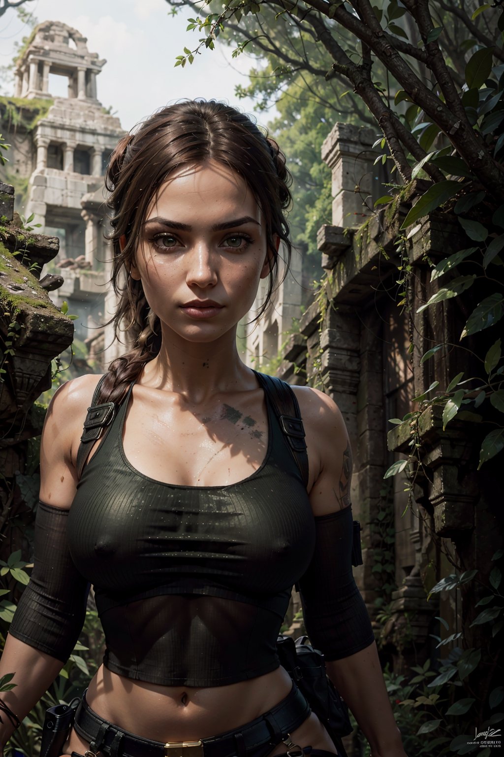 masterpiece, best quality, beautiful lighting, ultra detailed, hyperresolution
(dark theme:0.9), 1girl, extremely sexy Tomb Raider artwork, (full body shot), (large breasts), (((Lara Croft from Tomb Raider)) , ((extremely beautiful and seductive , amazing green eyes , dark hair with a ponytail, perfect small body with huge natural breasts and round butt, ((wearing a tight white cropped top with a revealing neckline and a green kaki mini short)))) (giant bright sun in the clear blue sky),(gradient eyes, seductive detailed eyes , perfect skin ), dark colors, Volumetric lighting, Alphonse Mucha dynamic lighting hyperdetailed intricately detailed, (hdr:1.22), muted colors, complex epic Tomb Raider background of a Mayans temple ruins, hyperrealism, hyperdetailed,lara croft