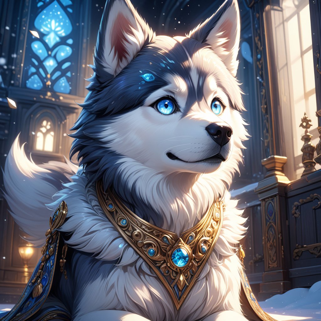 A Husky, (little and cute), generate a celestial adorable non-human animal in the style of celestial and fantasy. the animal should be the most beautiful animal ever created. Consider details like fluffy with (snow, ice and diamonds (armour)) and shimmer and glimmer. Include subtle details of phantasmal iridescence. emphasize small details of fantasy and ornate diamonds. camera: utilize interesting and dynamic composition. enhance visual interest. lighting: use ambient lighting that enhances the ambiance of fantasy. include bright white and blue and deep shadows. hires, detailed eyes, hires detailed eyes, hires small details, ornate, (vibrant colors, masterpiece, sharp focus, best quality, depth of field, cinematic lighting, illustration, 8k CG, extremely detailed, masterpiece, ultra-detailed), 