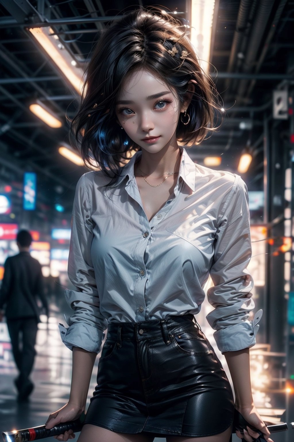 (masterpiece), best quality, high resolution, highly detailed, detailed background, (battlefield), perfect lighting, 1girl solo, bangs, korean girl, 20 yo, highres, solo, sunset,black hair, short hair,eye smile,lips smile,{beautiful and detailed eyes},cold expression,slim body,medium natural breast, glamor,full_body, yoona, school uniform, short skirt, standing, unbutton shirt, welding a katana,High detailed 