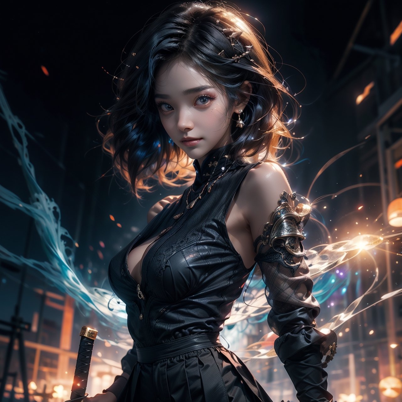 (masterpiece), best quality, high resolution, highly detailed, detailed background, perfect lighting, 1girl solo, bangs, korean girl, 20 yo, highres, solo, (battlefield), sunset,black hair, short hair,eye smile,lips smile,{beautiful and detailed eyes},cold expression,slim body,medium natural breast, glamor,full_body, yoona, school uniform, short skirt, standing, unbutton shirt, welding a katana,High detailed 