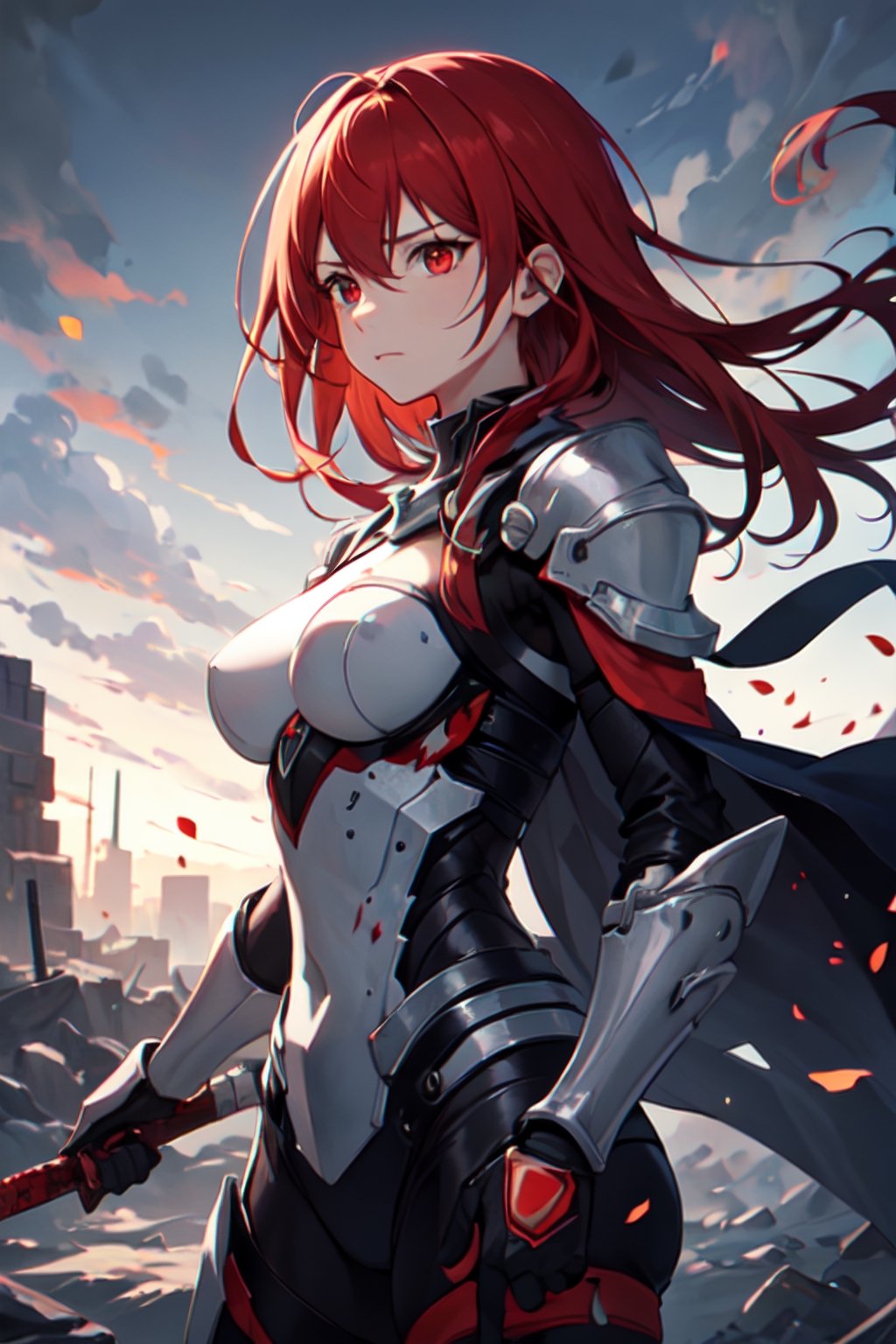 (masterpiece, best quality, ultra-high detailed:1.2) ((high-res)), ((antialiased)), anime realistic, 4k, 1girl, mature, long red hair, (crystal red eyes), cyber armor, cyber style, medium breast, (fighting in catastrophic battlefield), (blood), (arrogant), (cold expression), wide angle, pov from afar, detailed background, sharp focus, perfect hand, midjourney