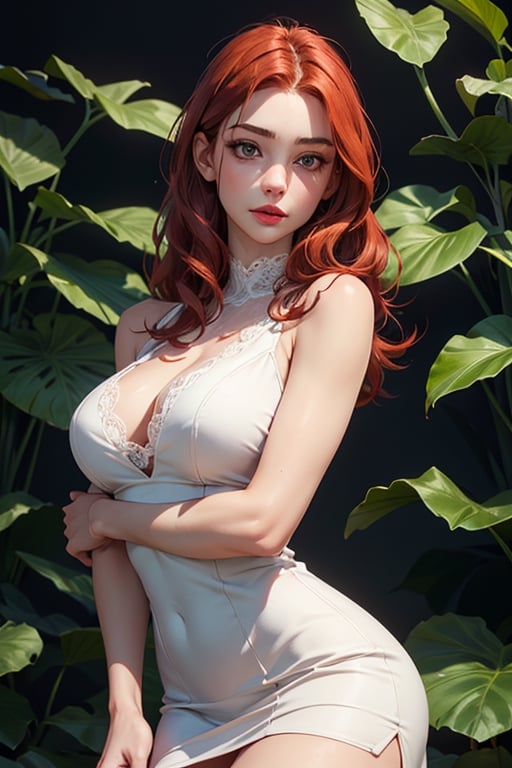 ((Plants background)), beautiful Russian girl posing, (30 year old Russian girl),((Beautiful bright redhead hair)), sexy body,{{{Masterpiece}}}, {{ {Best quality}}}, {{{High Resolutions}}}, {cinematic lighting}, Model body type, Detailed skin, realistic, different poses, kristinapimenova, (longhair), redhead, realistic face, seductive, lace very short dress, beige dress with indu details, taaarannn