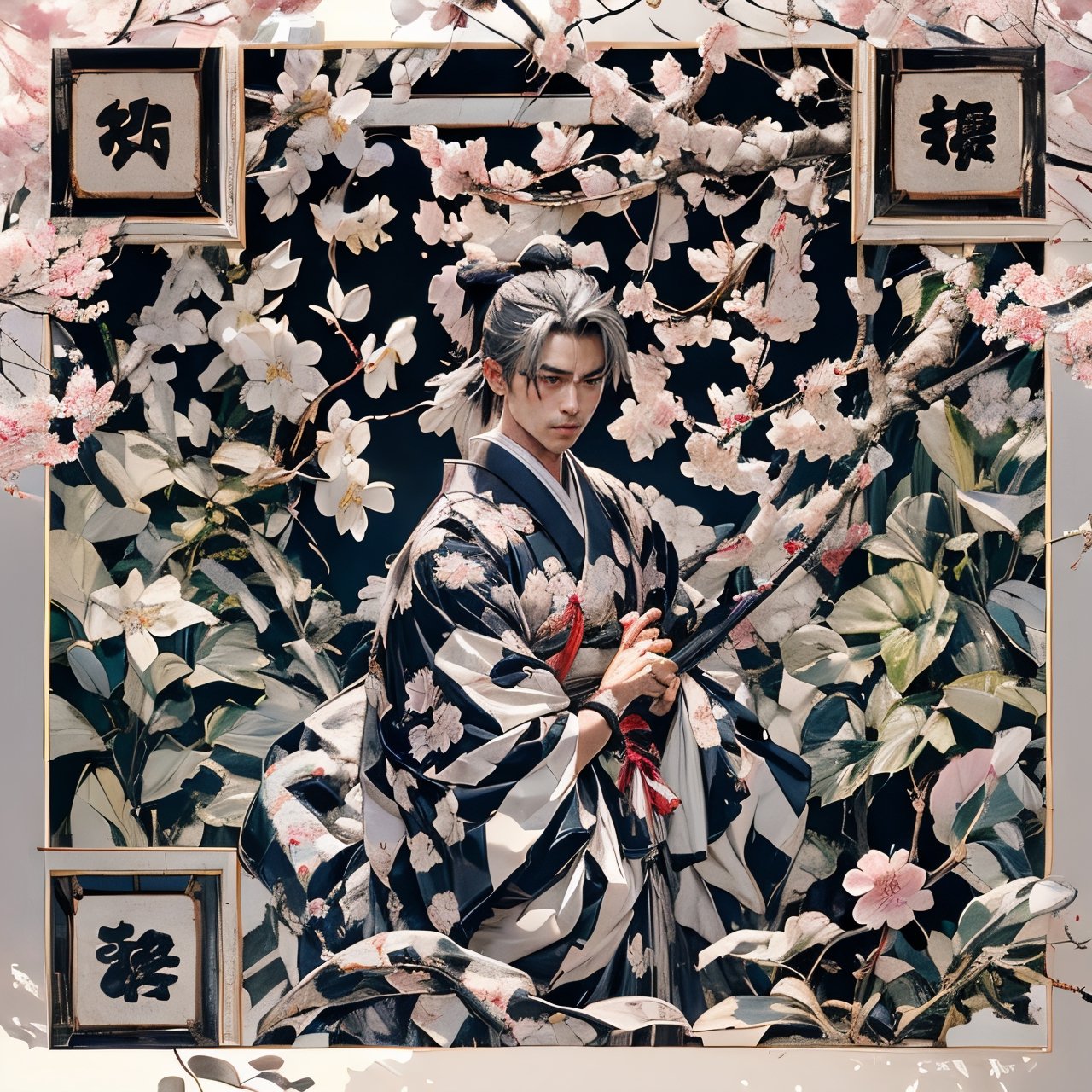 (1boy, solo), young, 25yo, silver hair, samurai clothing, short hair, pony tail, detailed eyes, (edo period, japan), (outdoors), cherry blossom pathway, detailed bacground, looking at viewer, intricately detailed, soft light,  dutch angle