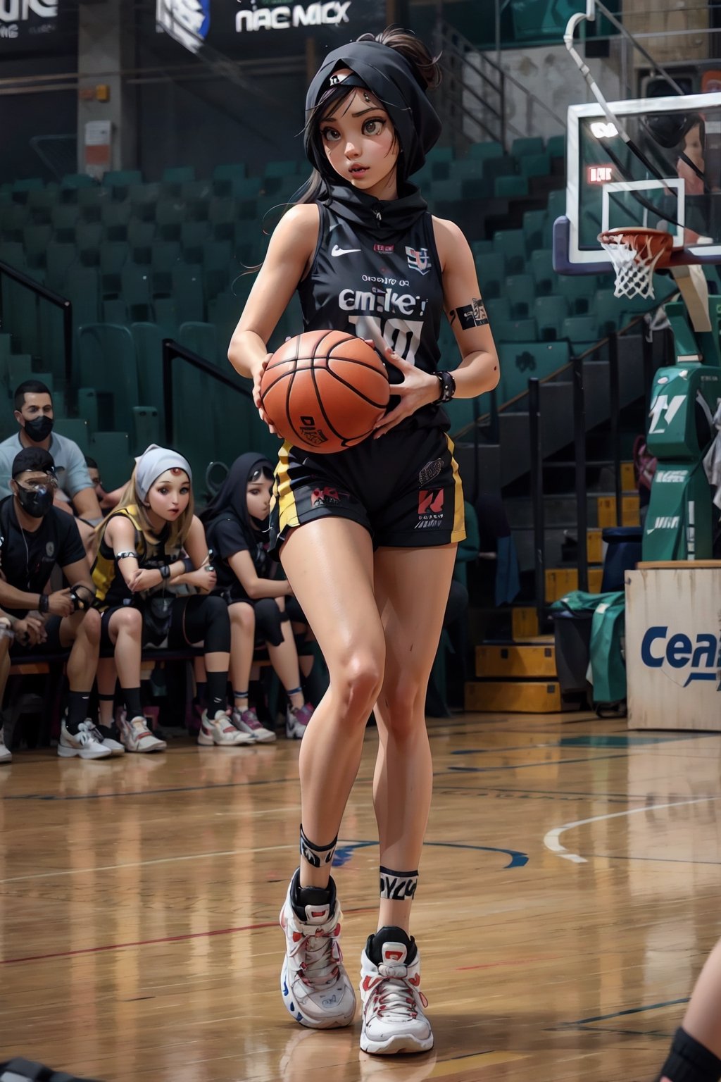 (Full body shot),1girl, Arabic, hijab on head, standing on basketball court, thick thigs, wide hips, toned, ((holding the basketball)), black hair, detailed face, brown eyes,  wearing a basketball uniform, cyberpunk, vibrant, highly detailed background, cinematic lighting, ultra-realistic, hyper-realistic, hyper-detailed, wearing baseball_uniform