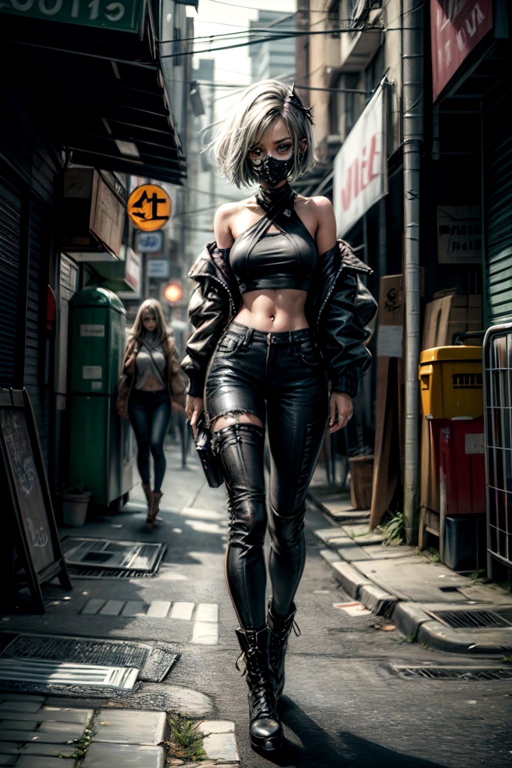 (masterpiece), (best quality), 1girl, solo girl, pixie cut hair, wearing a black halter top, small breast, bare midriff, exposed midriff, leaning on wall with shoulder, wears long black cargo pants with boots, BREAK, has Day of the Dead mask painted on the face, detailed mask, BREAK, big green eyes, highly detailed, BREAK, city background, cinematic lighting, vibrant, 8k resolution, highly detailed, ultra-realistic, bright_background, backlit