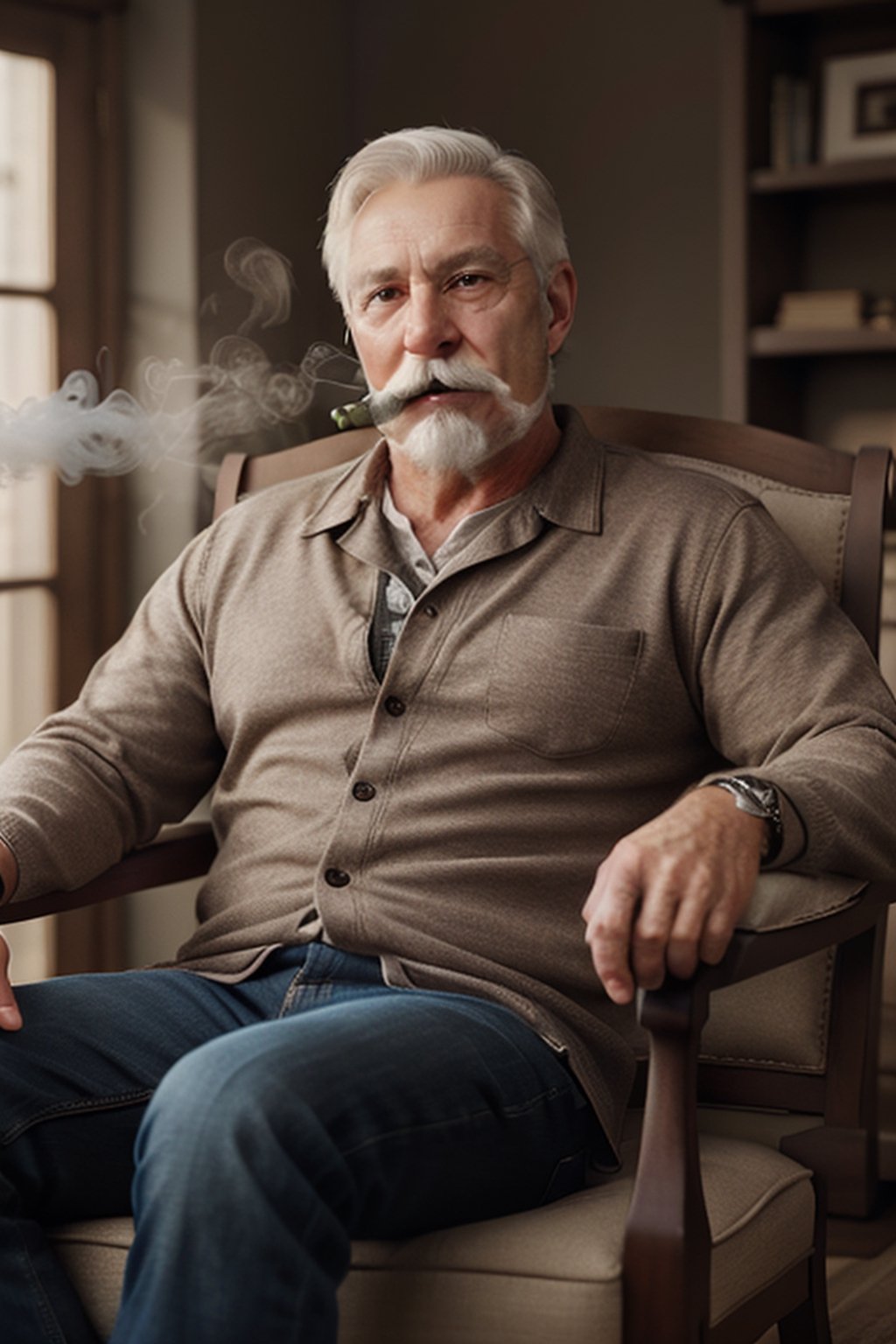 Bearded,mustache,older_male having cigar,hyper_realistic hires 8k,seated on chair