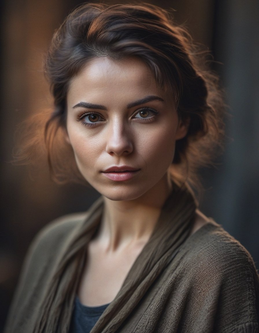 A close up portrait woman looking at camera, slim body, dark theme, soothing tones, muted colors, high contrast, (natural skin texture, hyperrealism, soft light, sharp), (((perfect face))), grunge clothes, Cannon EOS 5D Mark III, 85mm, hyper portrait, single light,brunette.
