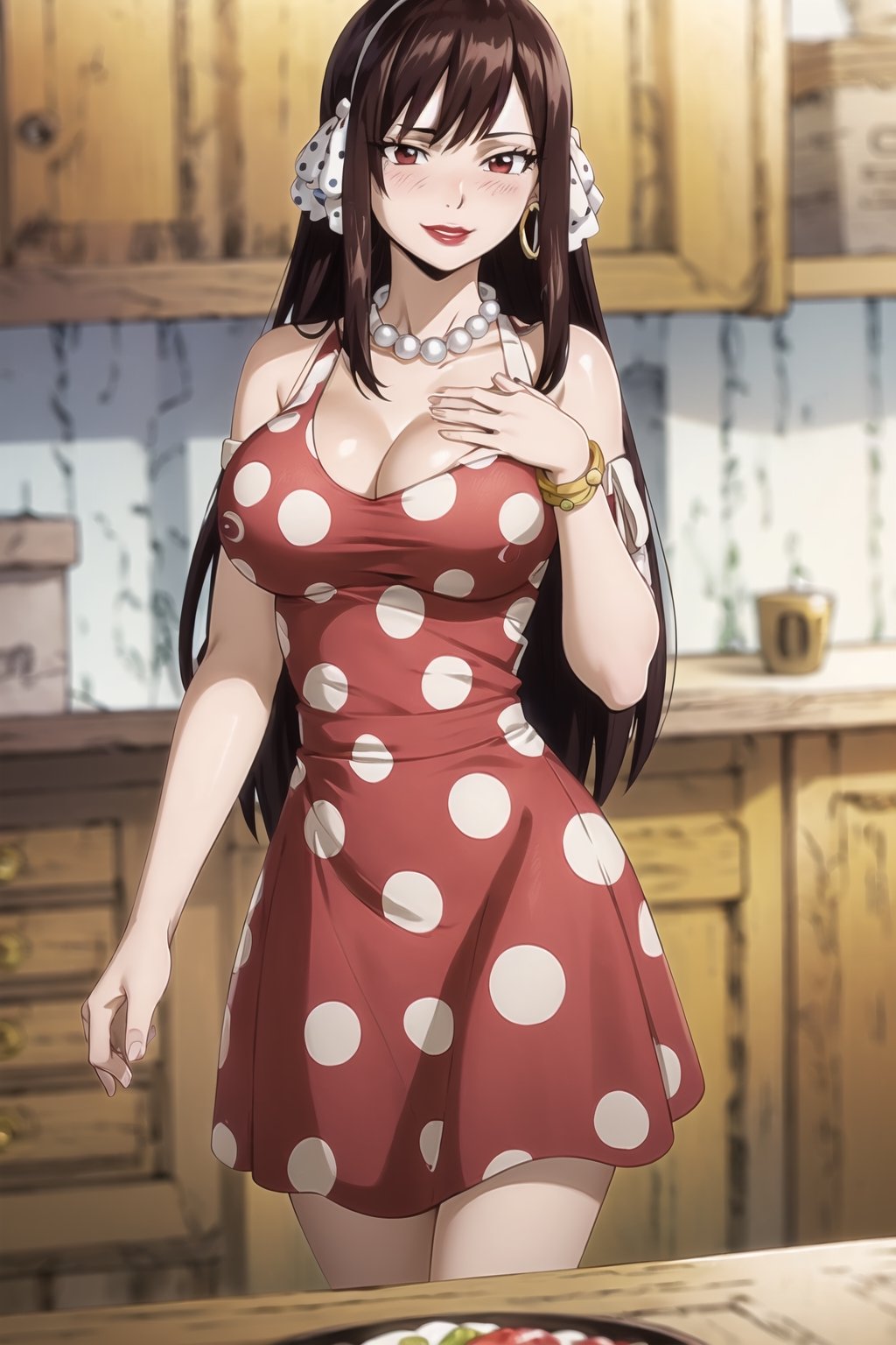 (best quality), (highly detailed), masterpiece, (official art),(aaasuna, long hair, brown hair, braid, brown eyes),(Stepford),lips, makeup, lipstick,red lips,smile, (hand on own chest),(polka dot:1.4), (polka dot dress:1.4),(pearl necklace:1.2), pearl bracelet, bare shoulders,(red dress),(aroused), nose blush ,standing, kitchen, pinup, big breasts, (large pearl necklace), (hoop earrings:1.2), (intricately detailed, hyperdetailed), blurry background,depth of field, best quality, masterpiece, intricate details, tonemapping, sharp focus, hyper detailed, trending on Artstation,1 girl, high res,facing viewer, official art,ultearrnd