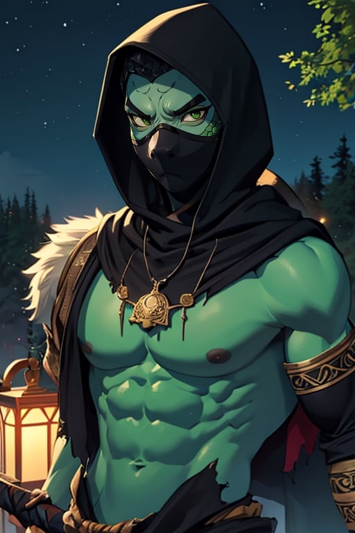 1boy, solo, male focus, (green reptile eyes:1.2), short hair, black hair, (black hood:1.2), torn rags on pectorals, toned, muscular abdomen, ((reptile scales on the forearms, reptile scales on the cheeks)), steel wrist guards, black gloves, cleavage, (a man with a little black mouse on his shoulder:1.2), necklace with an eagle bear and wolf sign, (human skin:1.2), tribal tattoos on both arms, black loincloth, (upper_body:1.2), (masterpiece:1.2), best quality, ultra detailed, 8k, 4k, intricate, (highly detailed:1.2), (detailed face:1.2), detailed background, (night:1.2), (out of forest:1.2), (barbarian-ninja style), (carrying a large bone spear on back:1.2), (a magic dagger floating:1.2), voloptuous and muscular body, looking_at_viewer, black reptile style ninja mask