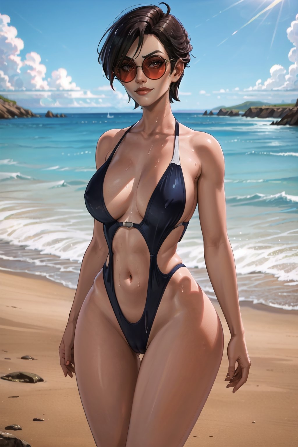 shaunavayne, 1girl, short hair, pixie cut hair, sunglasses, round_eyewear, frown, smile, dark blue swimsuit, shiny clothes, breasts apart, navel, muscular abdomen, toned, thick thighs, walking, wet, (masterpiece:1.2), (best quality), (ultra detailed), (8k, 4k, intricate), (highly detailed:1.2), (detailed face:1.2), (detailed background), beach, sea, sunlight, a woman walking on a beach day, looking_at_viewer, cameltoe, nsfw. sling bikini, dynamic angle, dynamic pose