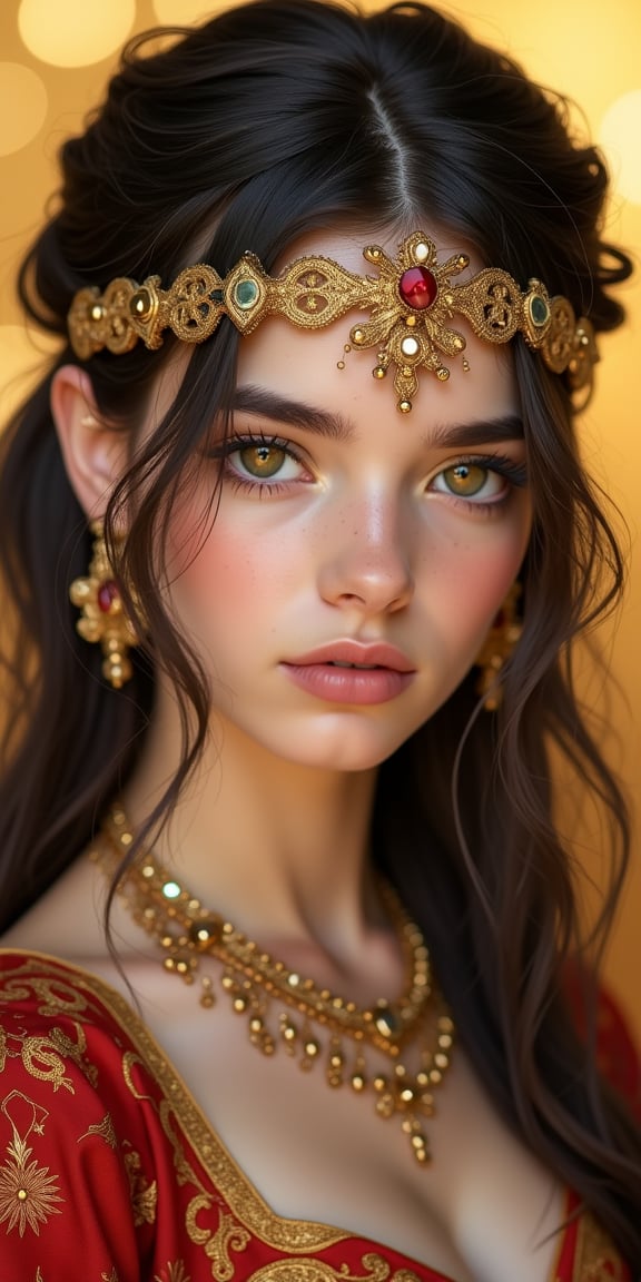 A portrait of a Byzantine style girl with golden background. (masterpiece, top quality, best quality, official art, beautiful and aesthetic:1.2), (1girl:1.4), portrait, extreme detailed, highest detailed, simple background, 16k, high resolution, perfect dynamic composition, bokeh, (sharp focus:1.2), super wide angle, high angle, high color contrast, medium shot, depth of field, blurry background,