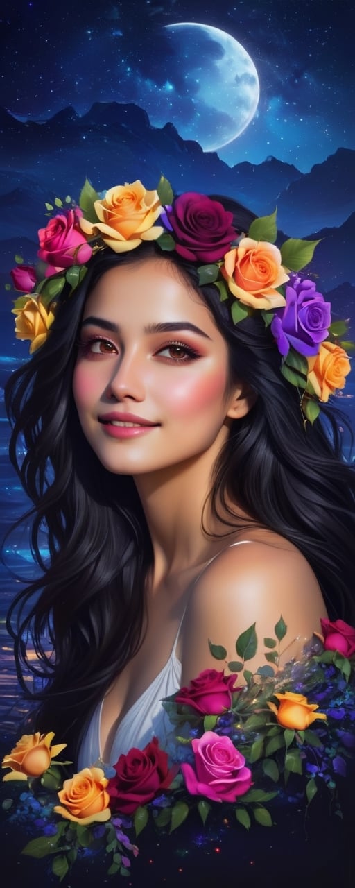 (masterpiece, best quality, ultra-detailed, 8K),high detail, realisitc detailed,
a beautiful young woman with long flowy black hair over off shoulders in the dark, colorful roses wreath, brown eyes,eye contact, pale soft skin, kind smile, glossy lips, details of colorful flowers,
a serene and contemplative mood, dark night sky background