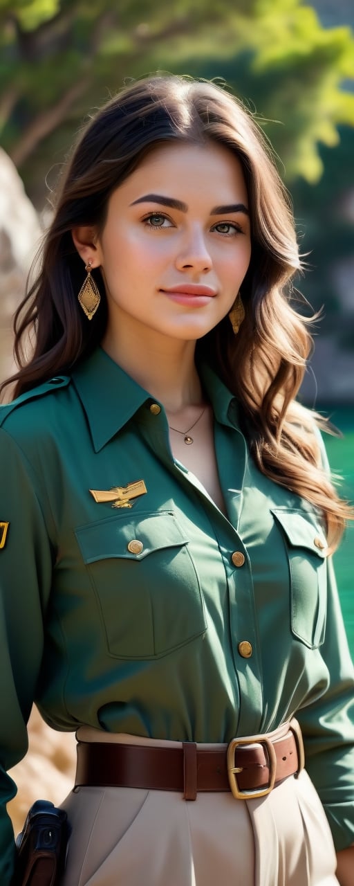 (best quality, 8k, masterpiece, raw image), sharp focus, 
a full body portrait of a beautiful young park ranger, 21yo,dark detailed eyes, eye contact, pale soft skin, kind smile, bliss vibes, lipgloss, 
dark flowy hair, detailed realistic jewelry,necklace, earrings, realistic detailed dress shirts, colorful outfits, dynamic pose,tourist spot in the Adriatic background,natural light,
,colorful,